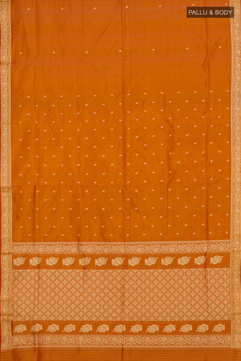 Flat view of Pure Silk Mustard Banarasi Katan Saree with Thread Butta on the body and Thread Border. 
