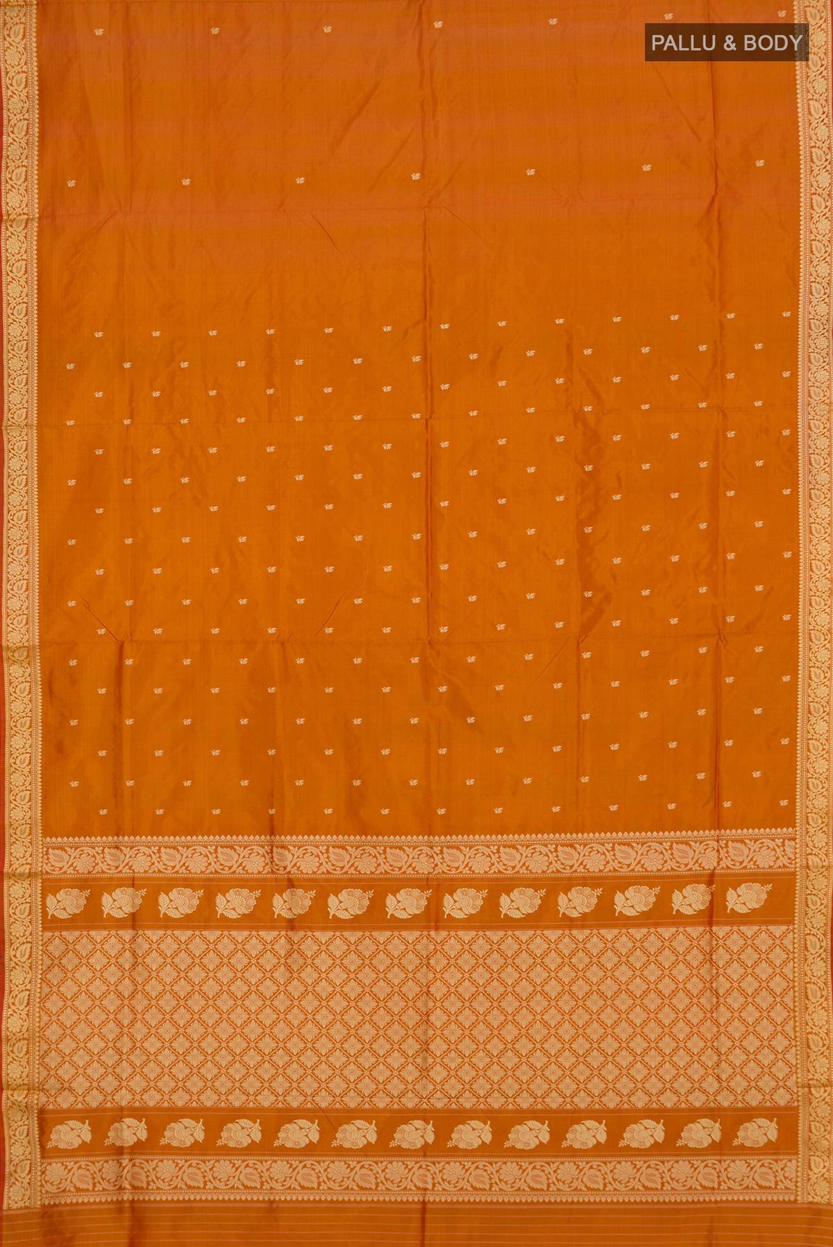 Flat view of Pure Silk Mustard Banarasi Katan Saree with Thread Butta on the body and Thread Border. 
