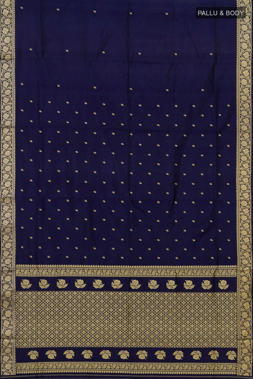 Flat view of Pure Silk Navy Blue Banarasi Katan Saree with Thread Butta on the body and Thread Border. 