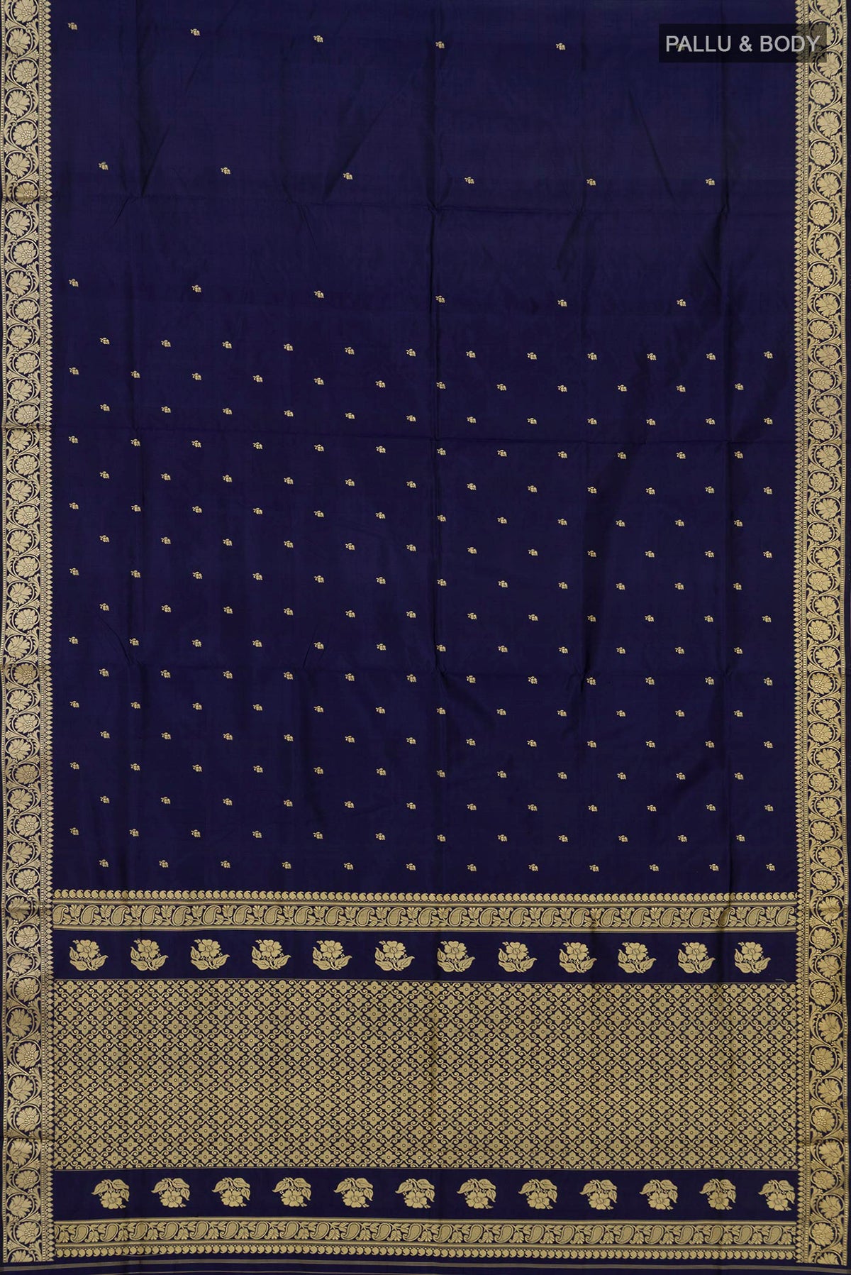 Flat view of Pure Silk Navy Blue Banarasi Katan Saree with Thread Butta on the body and Thread Border. 