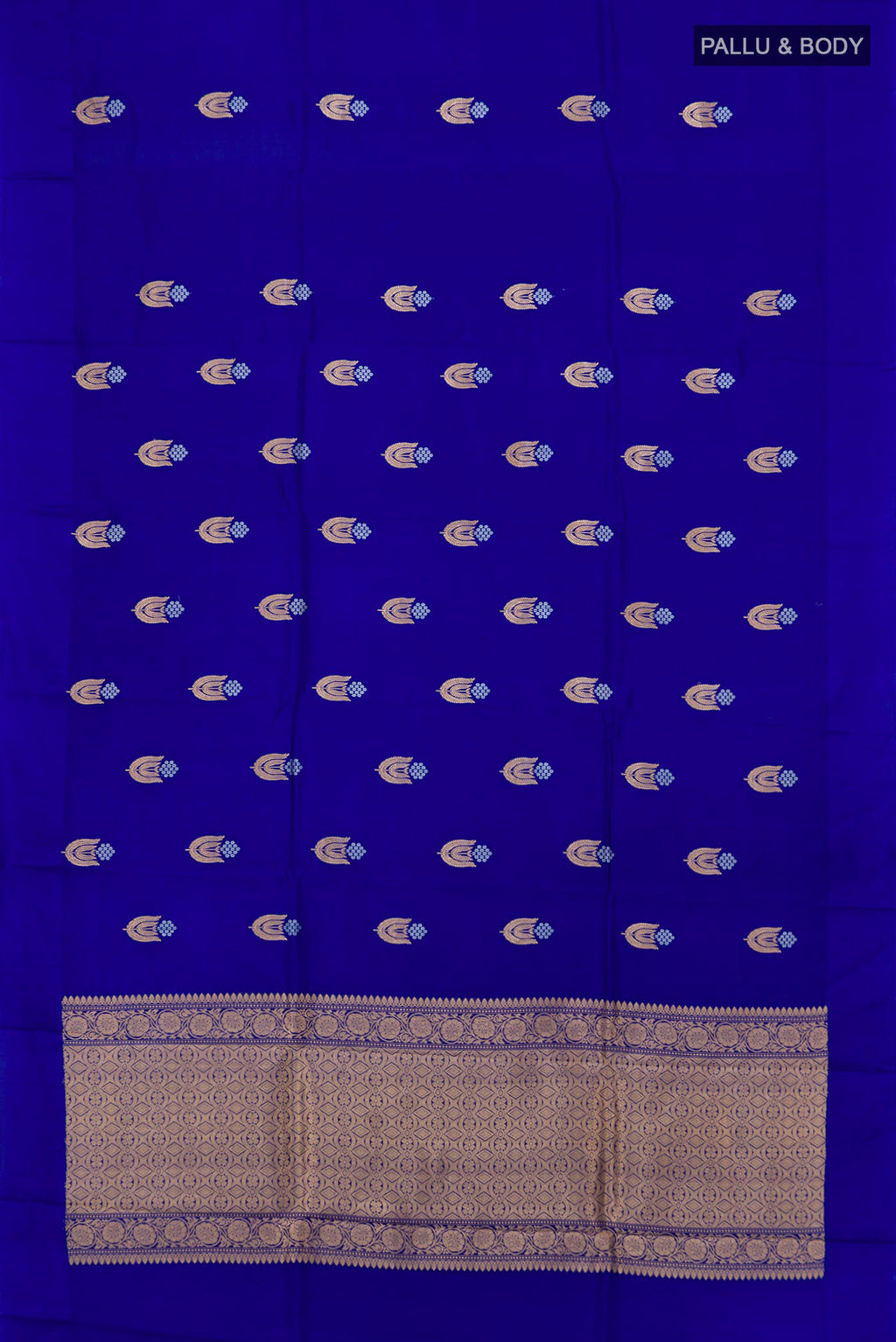 Flat view of Royal Blue Banarasi Katan Silk Saree with Zari Butta on the body and Plain Border. 
