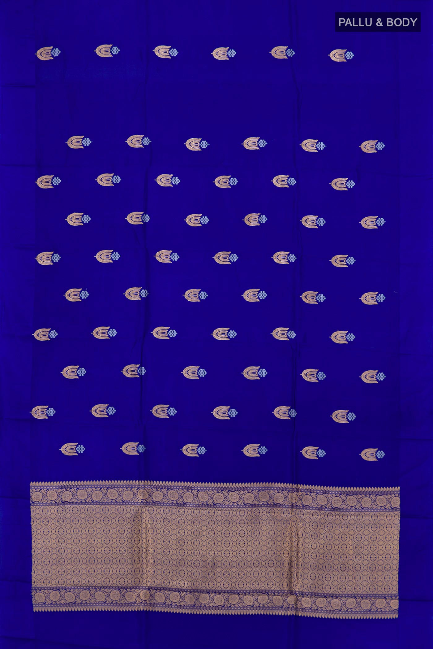 Flat view of Royal Blue Banarasi Katan Silk Saree with Zari Butta on the body and Plain Border. 