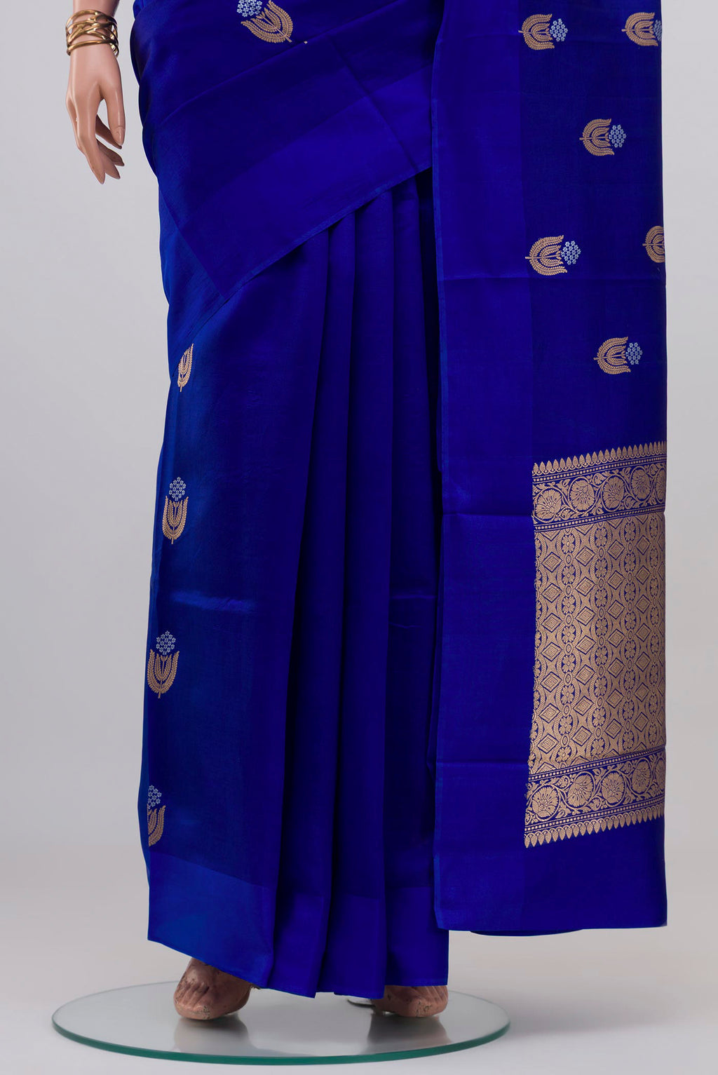 Pleats and pallu of Royal Blue Banarasi Katan Silk Saree with Zari Butta on the body and Plain Border. 