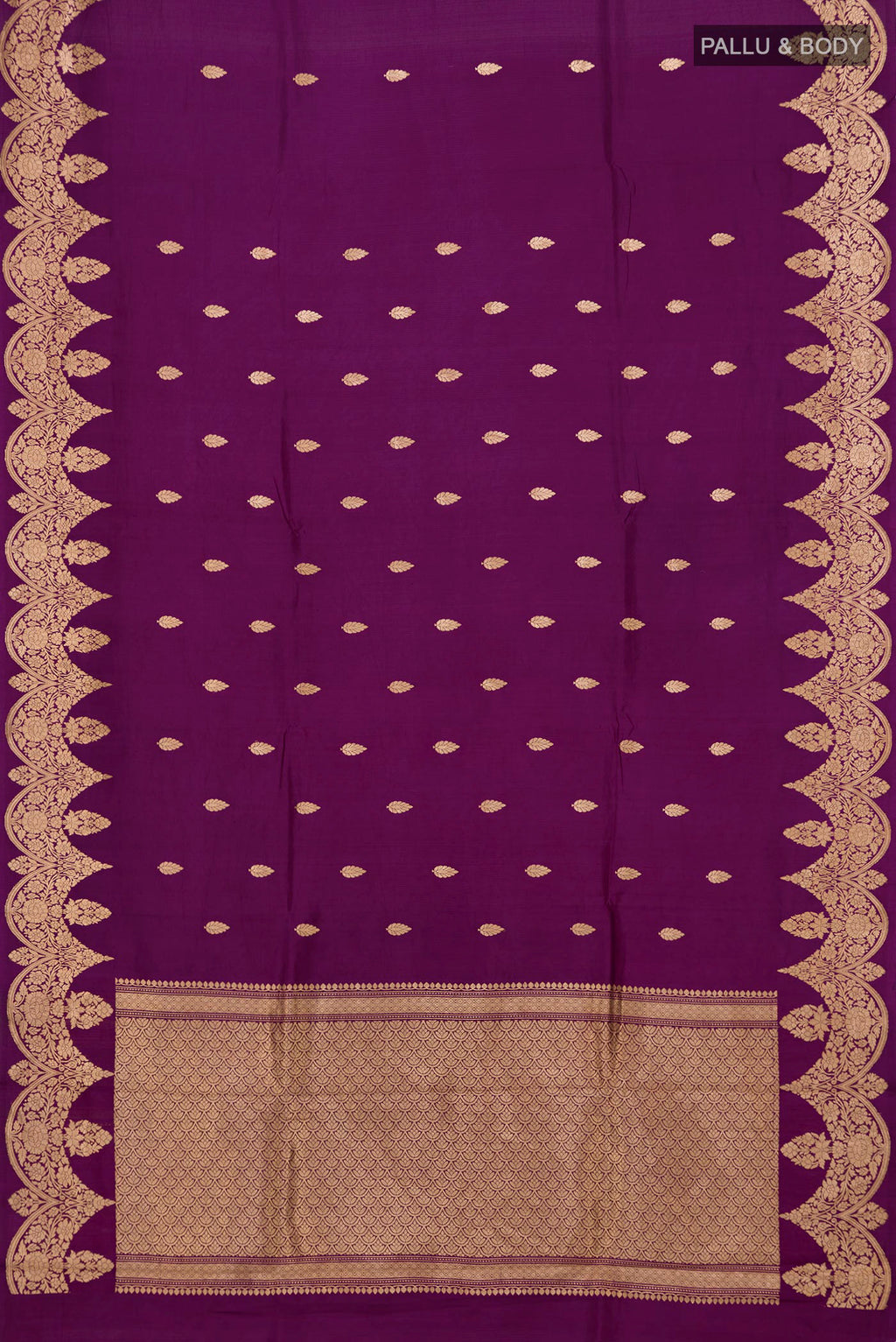 Flat view of Purple Banarasi Katan Silk Saree with Zari Butta on the body and Fancy Border. 