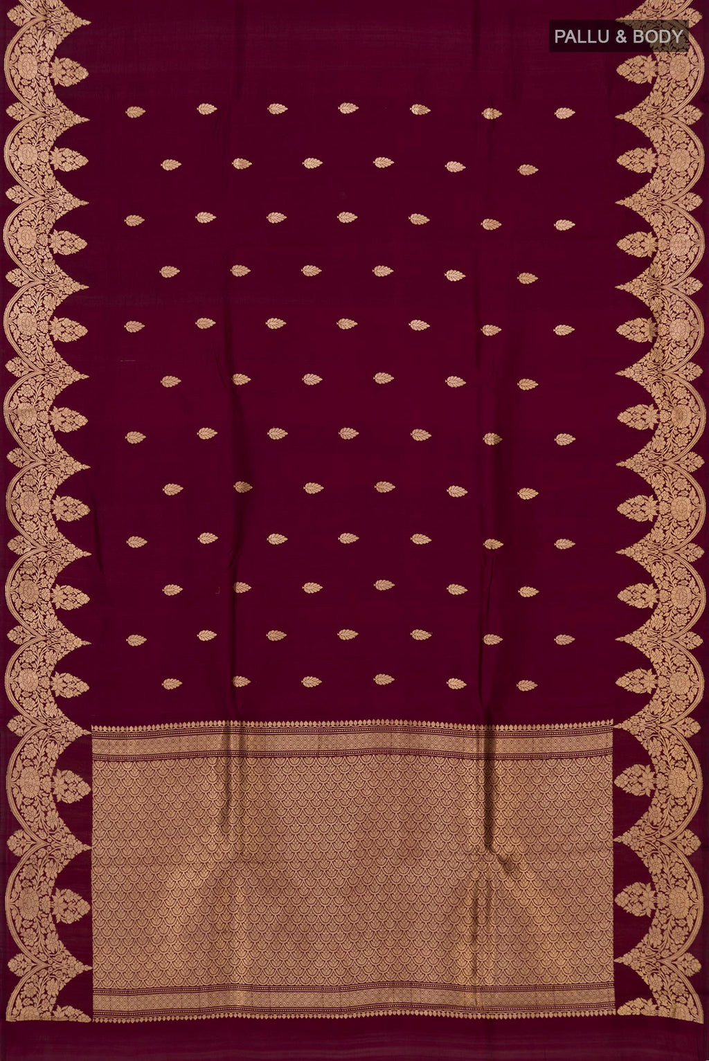 Flat view of Burgundy Banarasi Katan Silk Saree with Zari Butta on the body and Fancy Border. 
