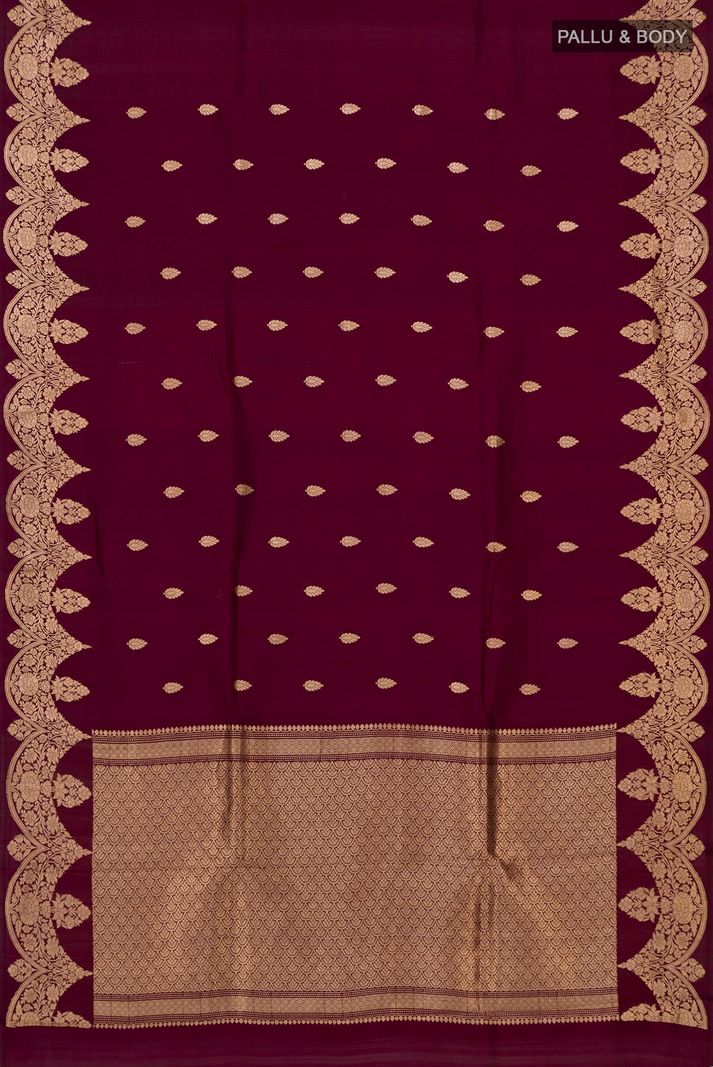 Flat view of Burgundy Banarasi Katan Silk Saree with Zari Butta on the body and Fancy Border. 