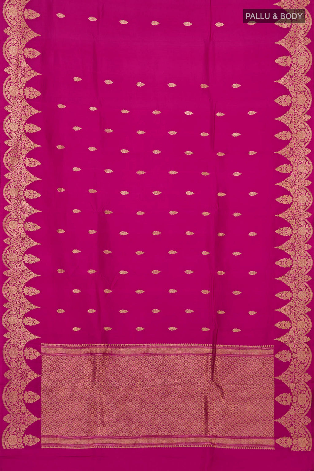 Flat view of Rani Pink Banarasi Katan Silk Saree with Zari Butta on the body and Fancy Border. 