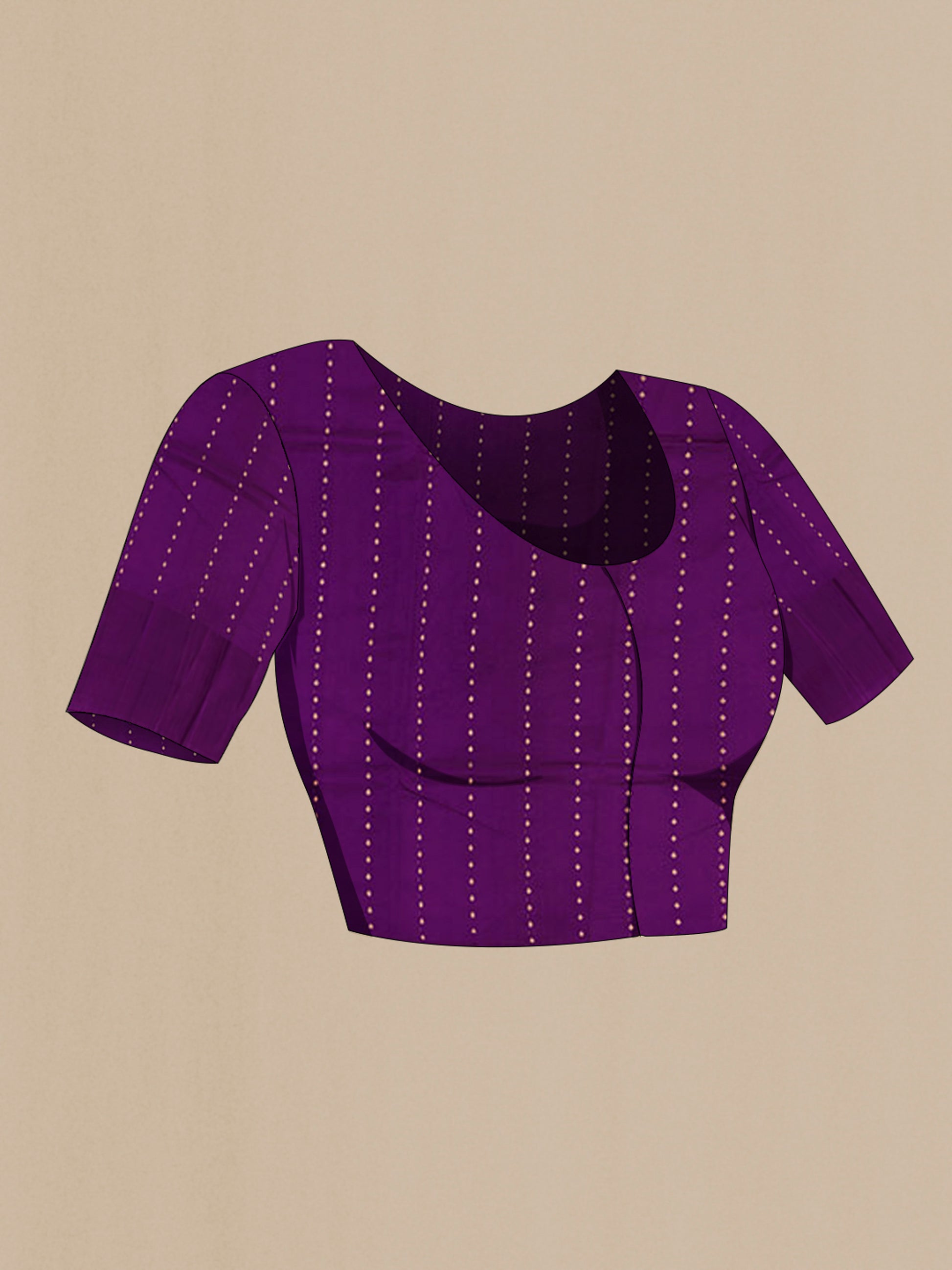 Close up image of the blouse of Violet Banarasi Katan Silk Saree with Zari Butta on the body and Fancy Border. 