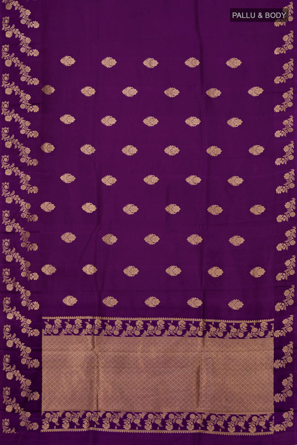 Flat view of Violet Banarasi Katan Silk Saree with Zari Butta on the body and Fancy Border. 