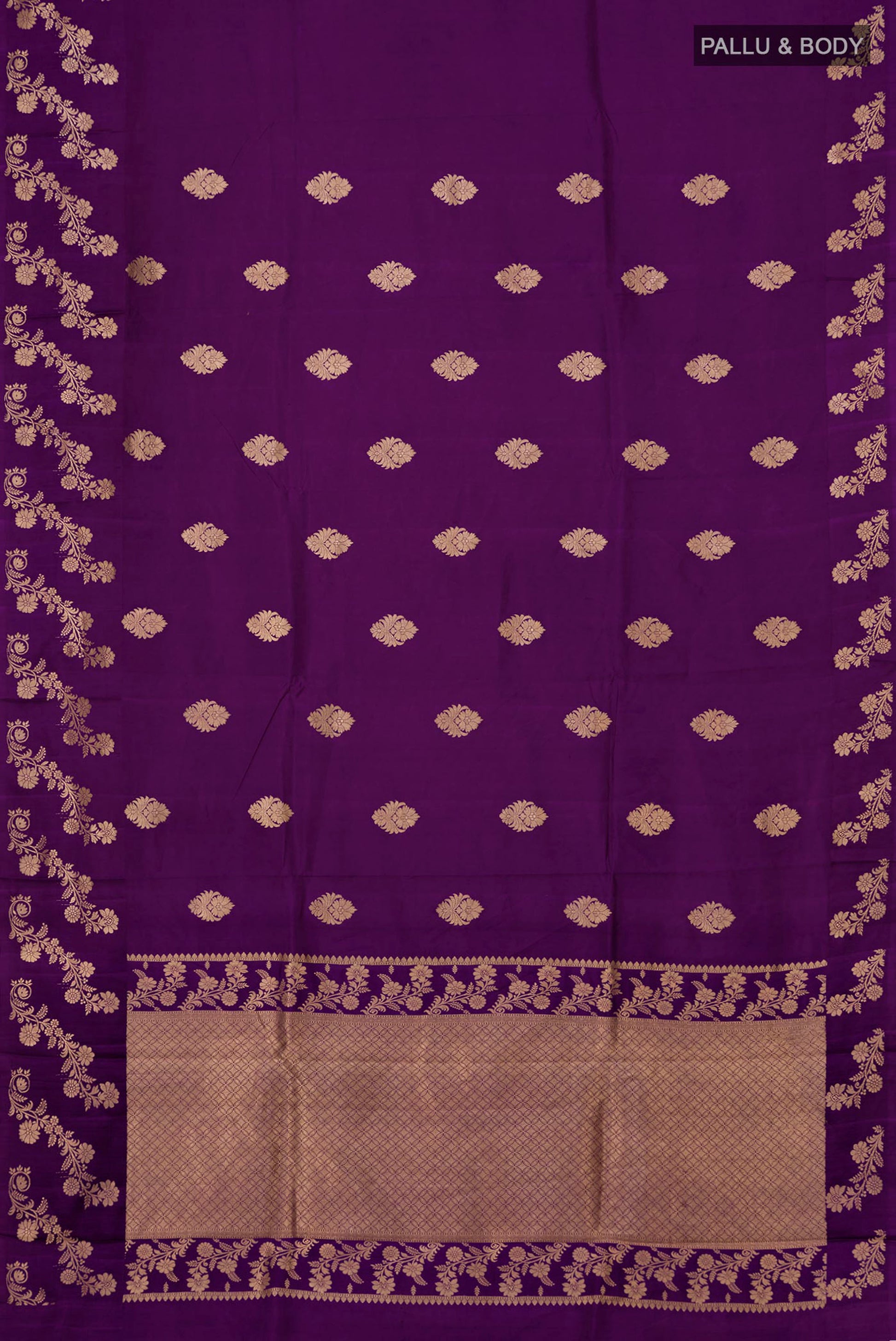 Flat view of Violet Banarasi Katan Silk Saree with Zari Butta on the body and Fancy Border. 