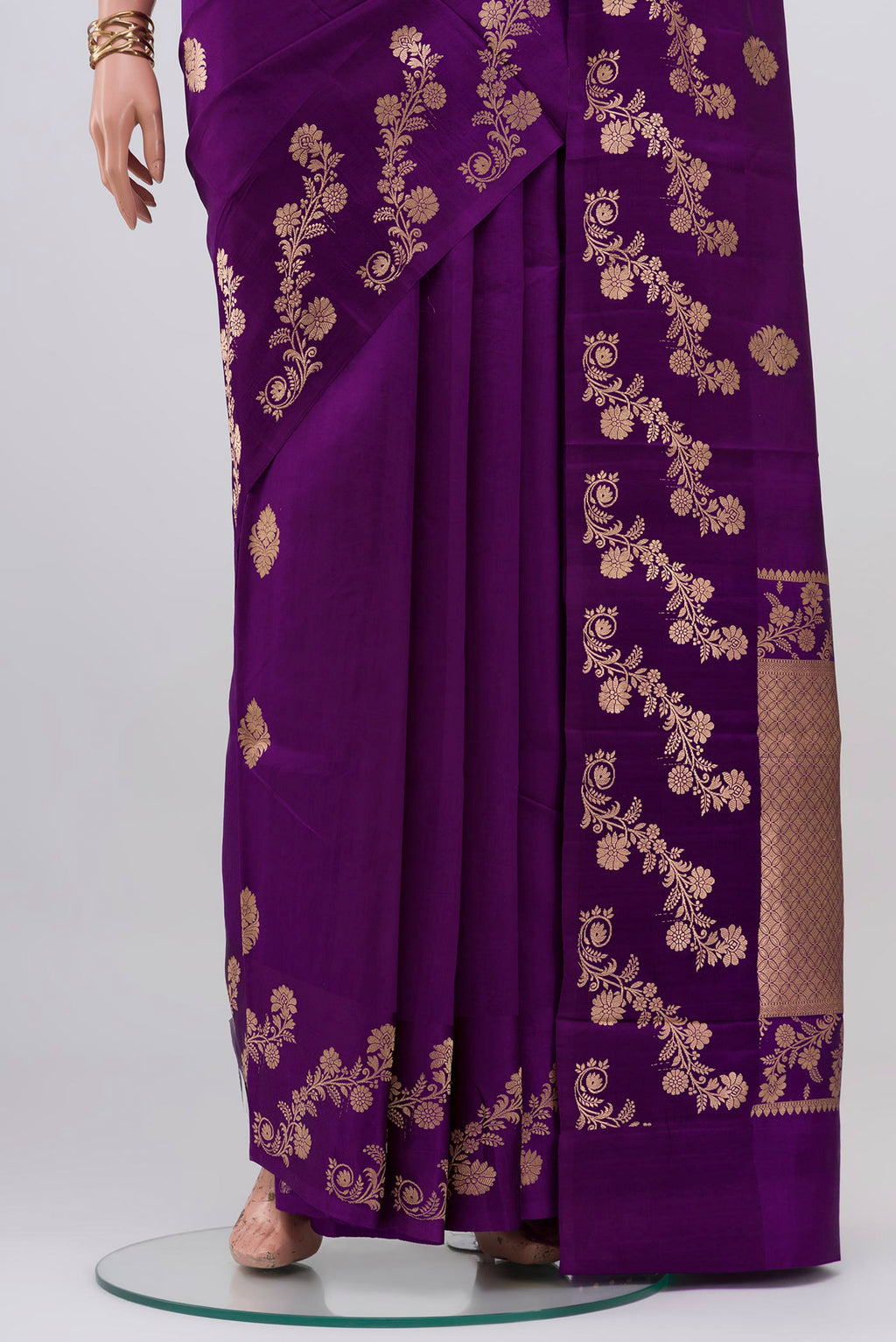Pleats and pallu of Violet Banarasi Katan Silk Saree with Zari Butta on the body and Fancy Border. 