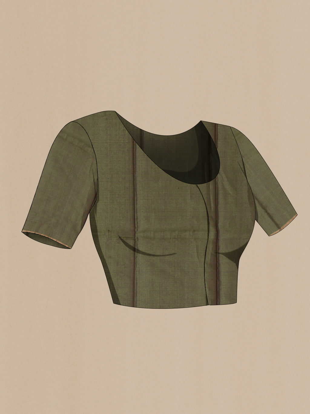 Close up image of the blouse of Mehandi Green Tussar Saree with Stripes on the body and Thin Zari Line. 
