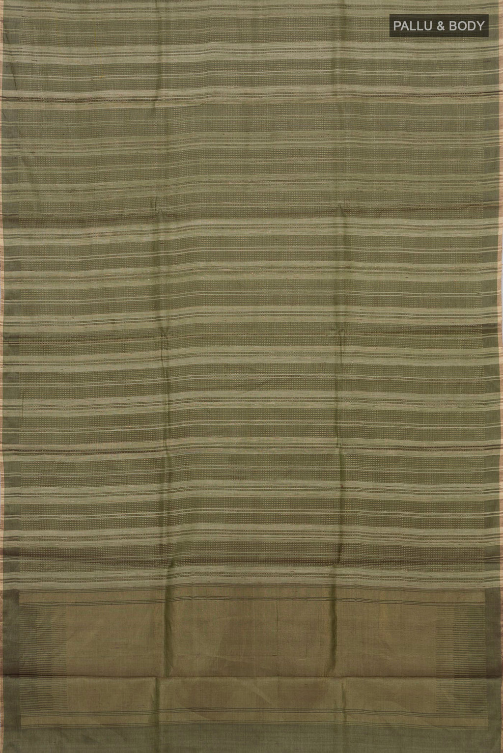 Flat view of Mehandi Green Tussar Saree with Stripes on the body and Thin Zari Line. 