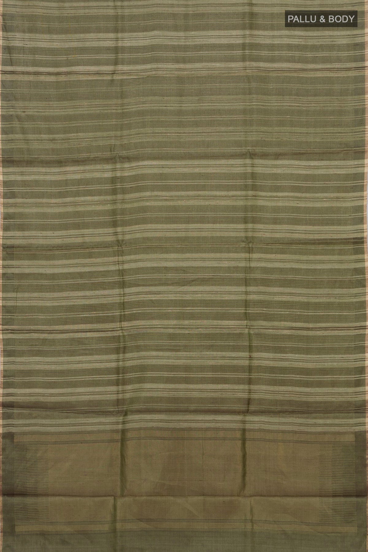 Flat view of Mehandi Green Tussar Saree with Stripes on the body and Thin Zari Line. 