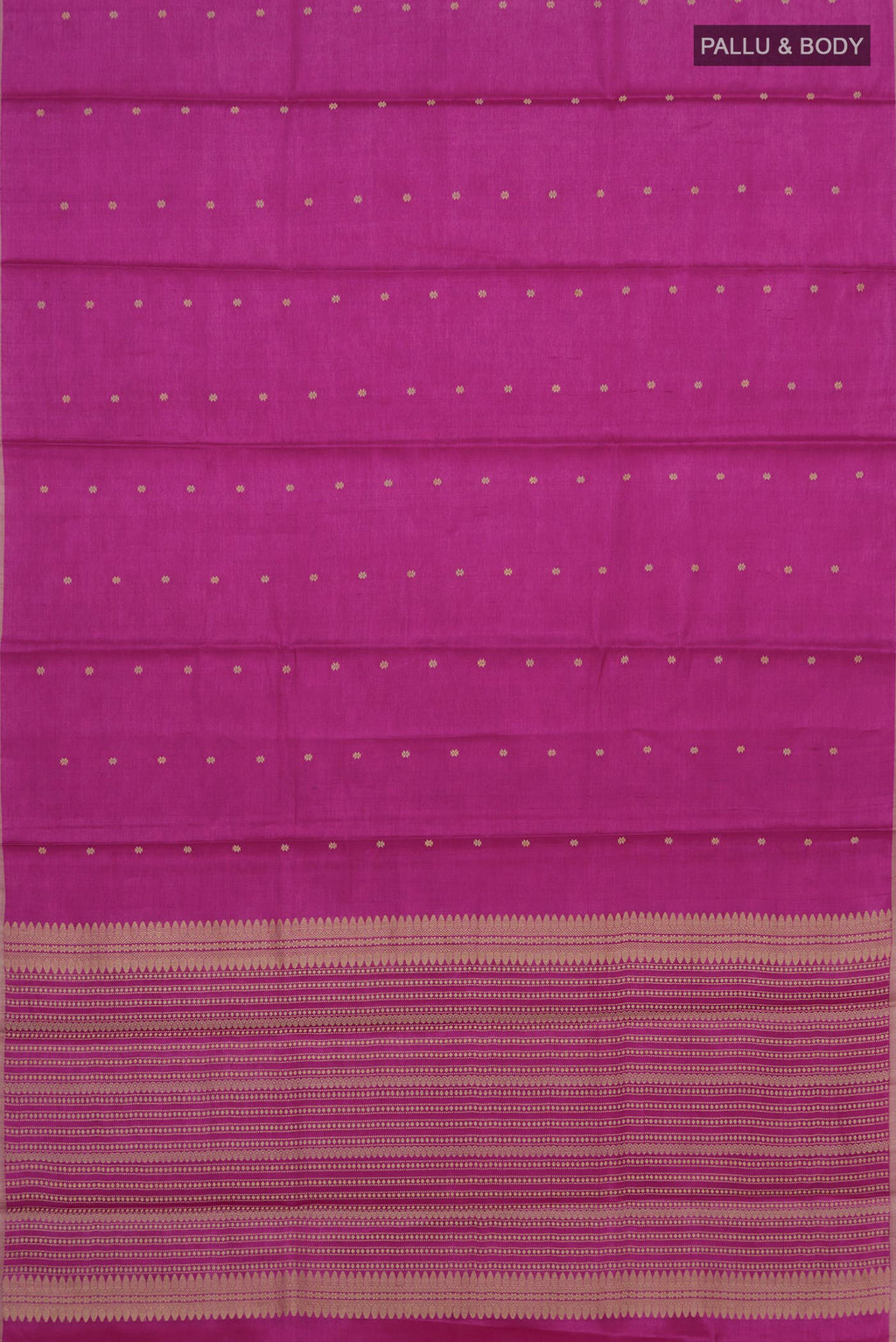 Flat view of Magenta Tussar Silk Saree with Thread Butta on the body and Plain Border. 