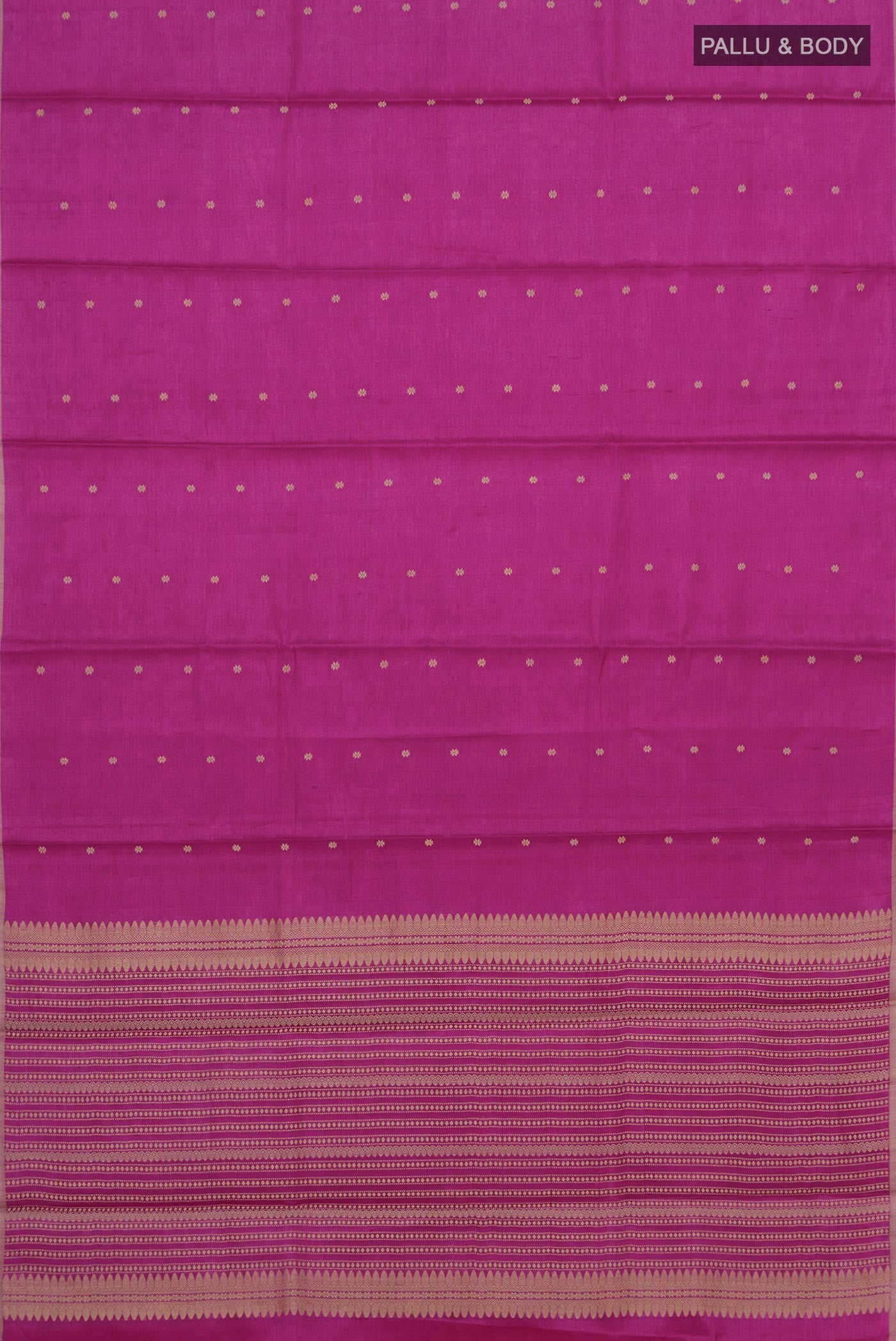 Flat view of Magenta Tussar Silk Saree with Thread Butta on the body and Plain Border. 
