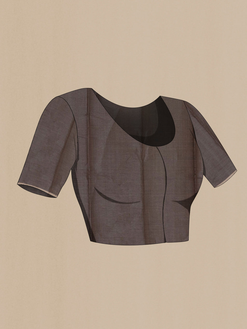 Close up image of the blouse of Grey Tussar Silk Saree with Thread Butta on the body and Without Border. 