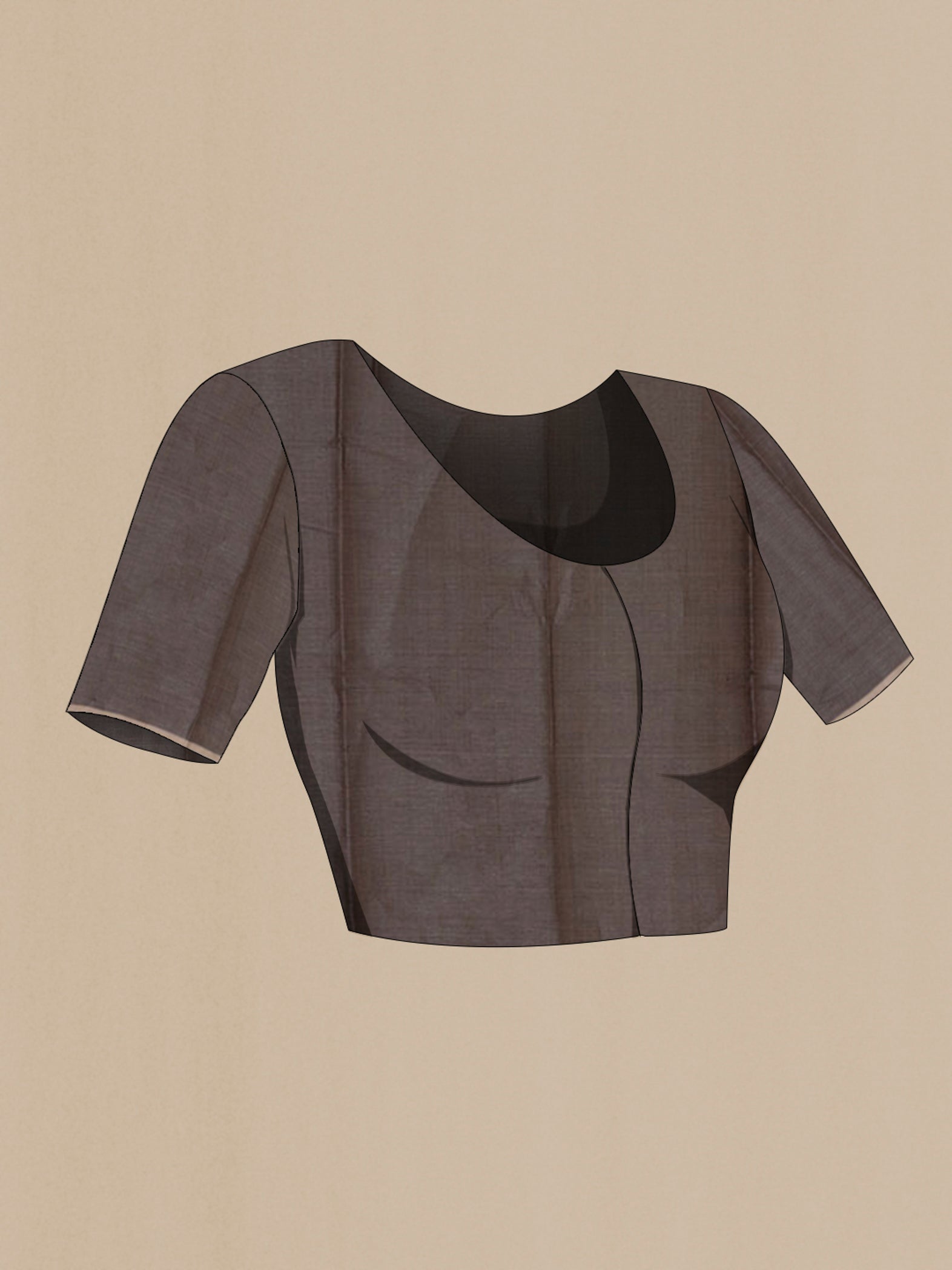 Close up image of the blouse of Grey Tussar Silk Saree with Thread Butta on the body and Without Border. 