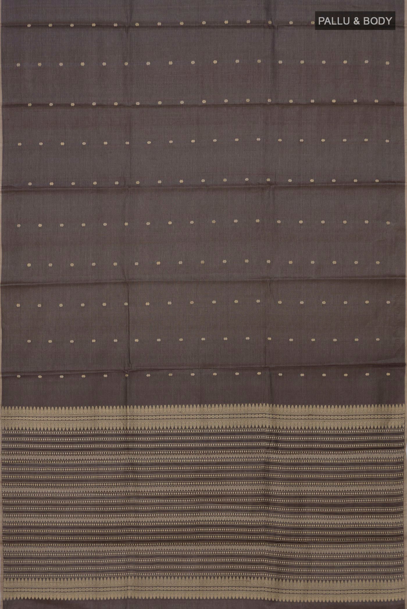 Flat view of Grey Tussar Silk Saree with Thread Butta on the body and Without Border. 