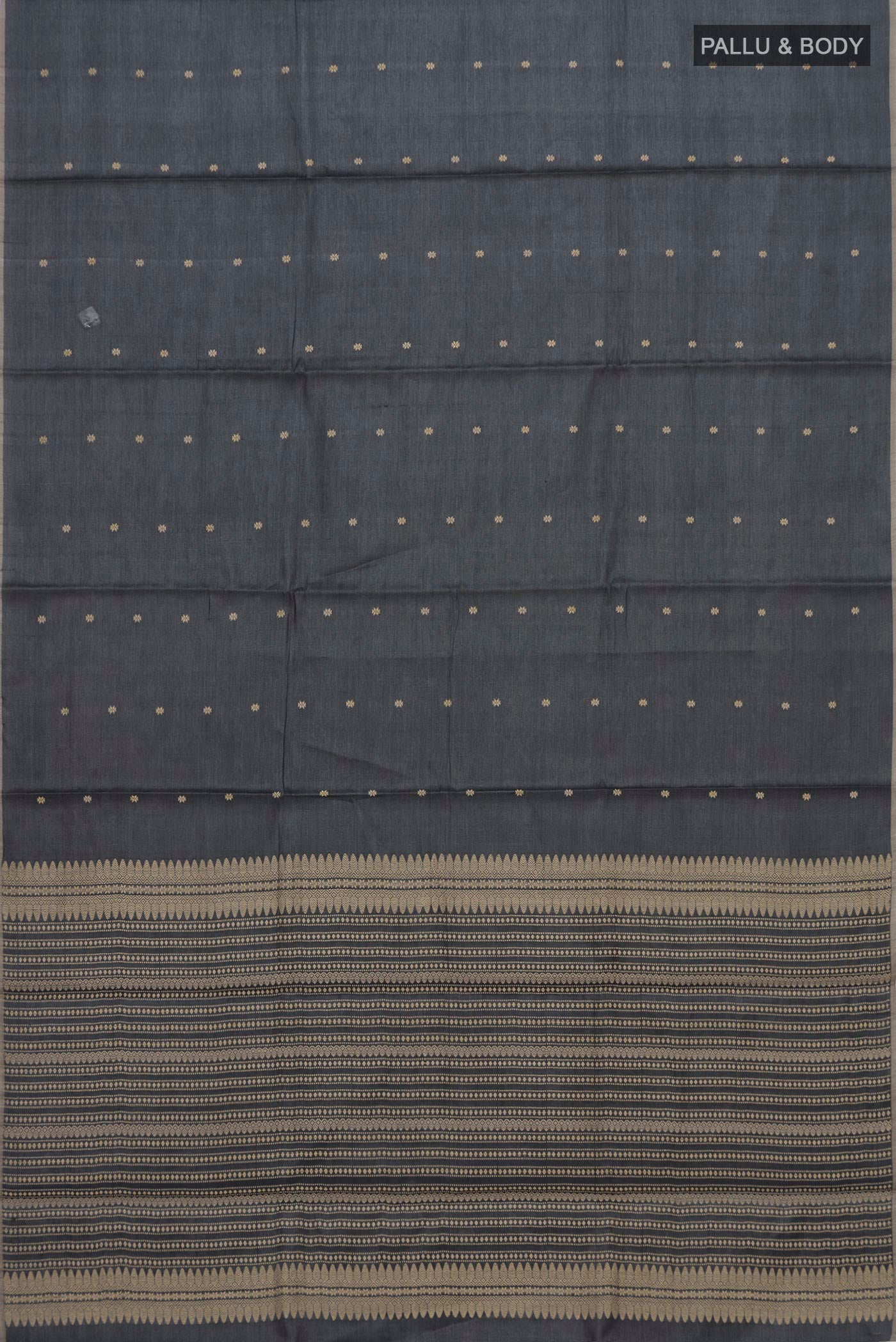 Flat view of Grey Tussar Silk Saree with Thread Butta on the body and Without Border. 