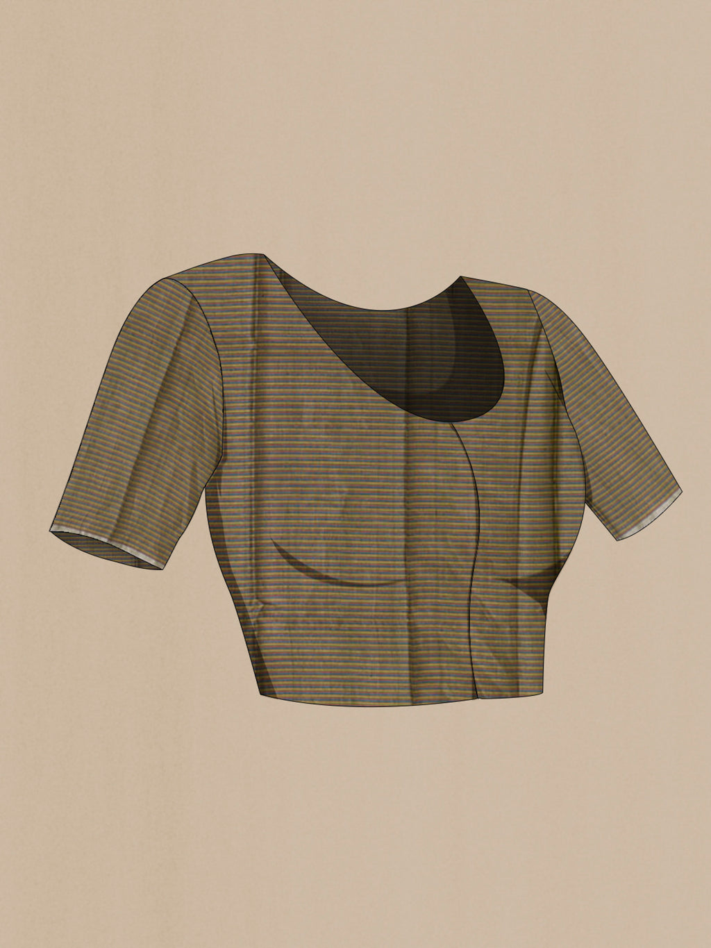 Close up image of the blouse of Green Tussar Silk Saree with Checked design on the body and Thin Zari Line. 