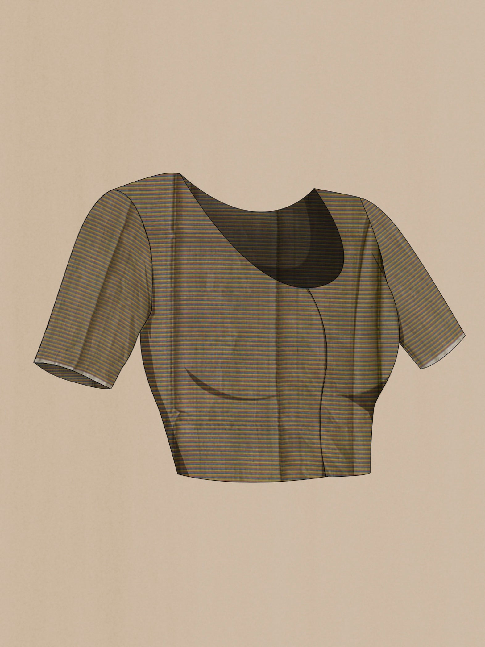 Close up image of the blouse of Green Tussar Silk Saree with Checked design on the body and Thin Zari Line. 