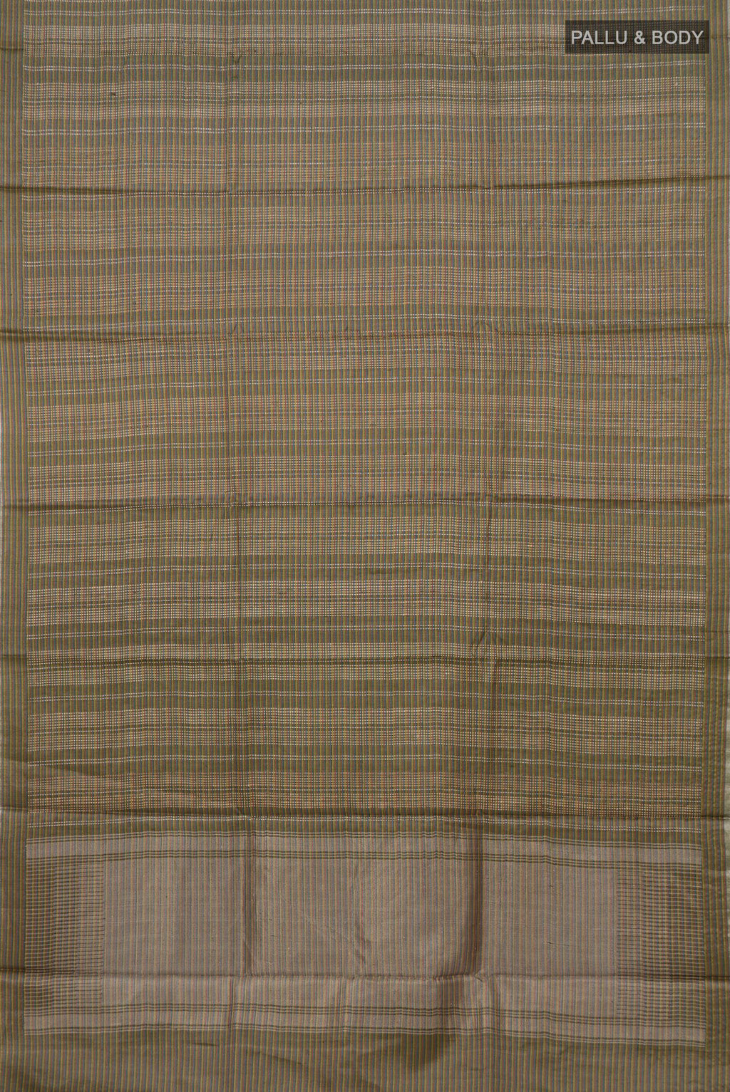 Flat view of Green Tussar Silk Saree with Checked design on the body and Thin Zari Line. 