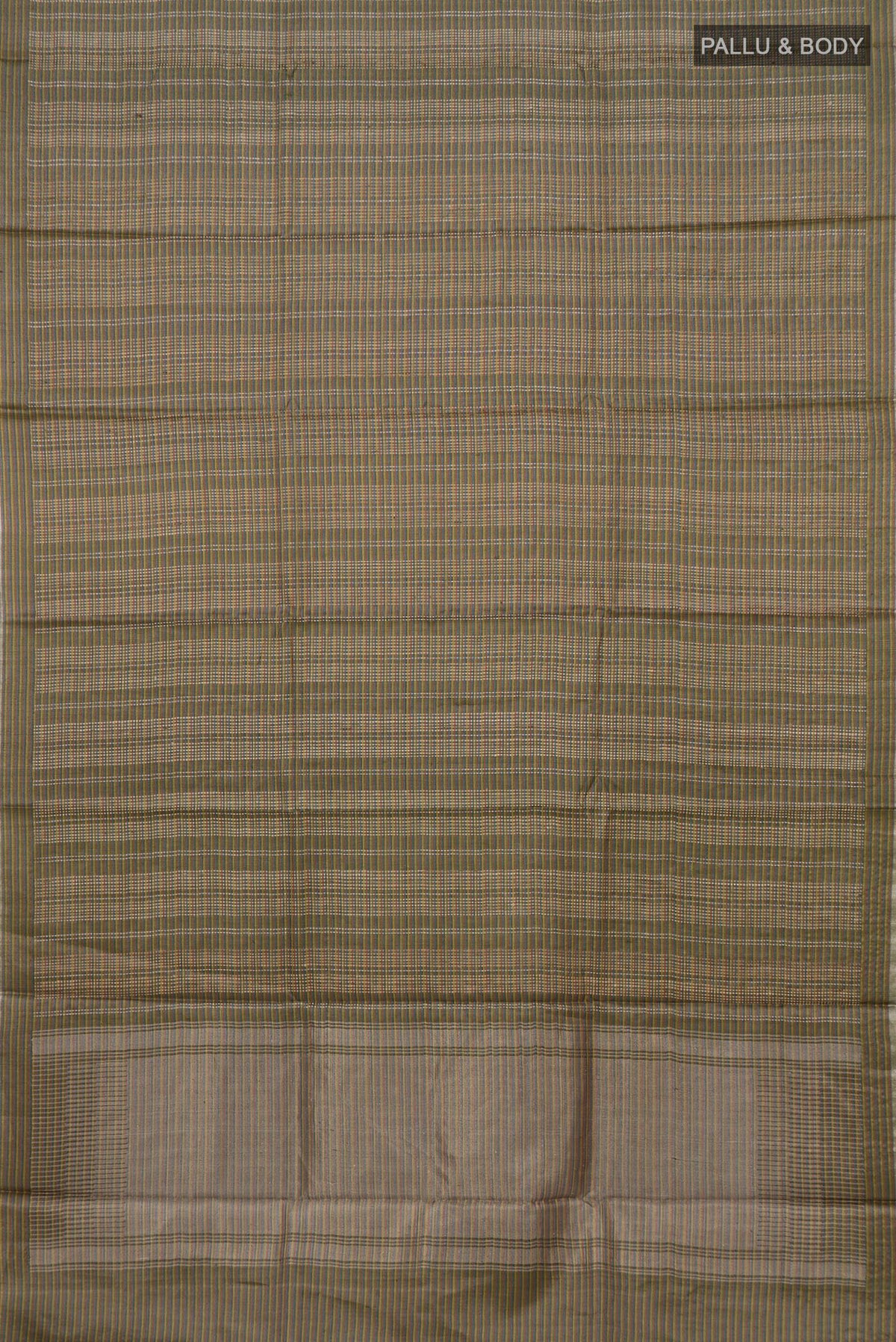Flat view of Green Tussar Silk Saree with Checked design on the body and Thin Zari Line. 