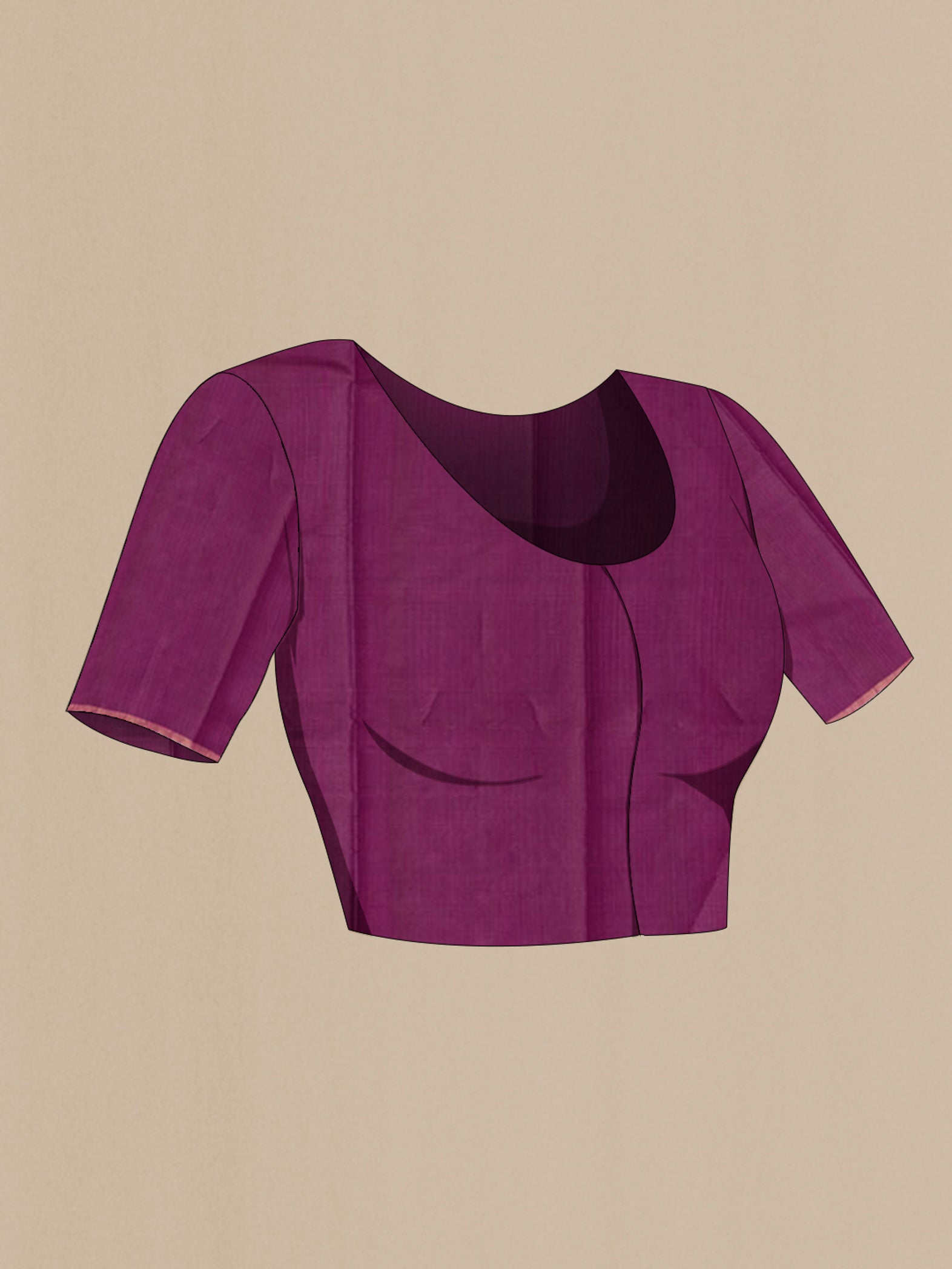 Close up image of the blouse of Purple Tussar Silk Saree with Zari Butta on the body and Thin Zari Line. 