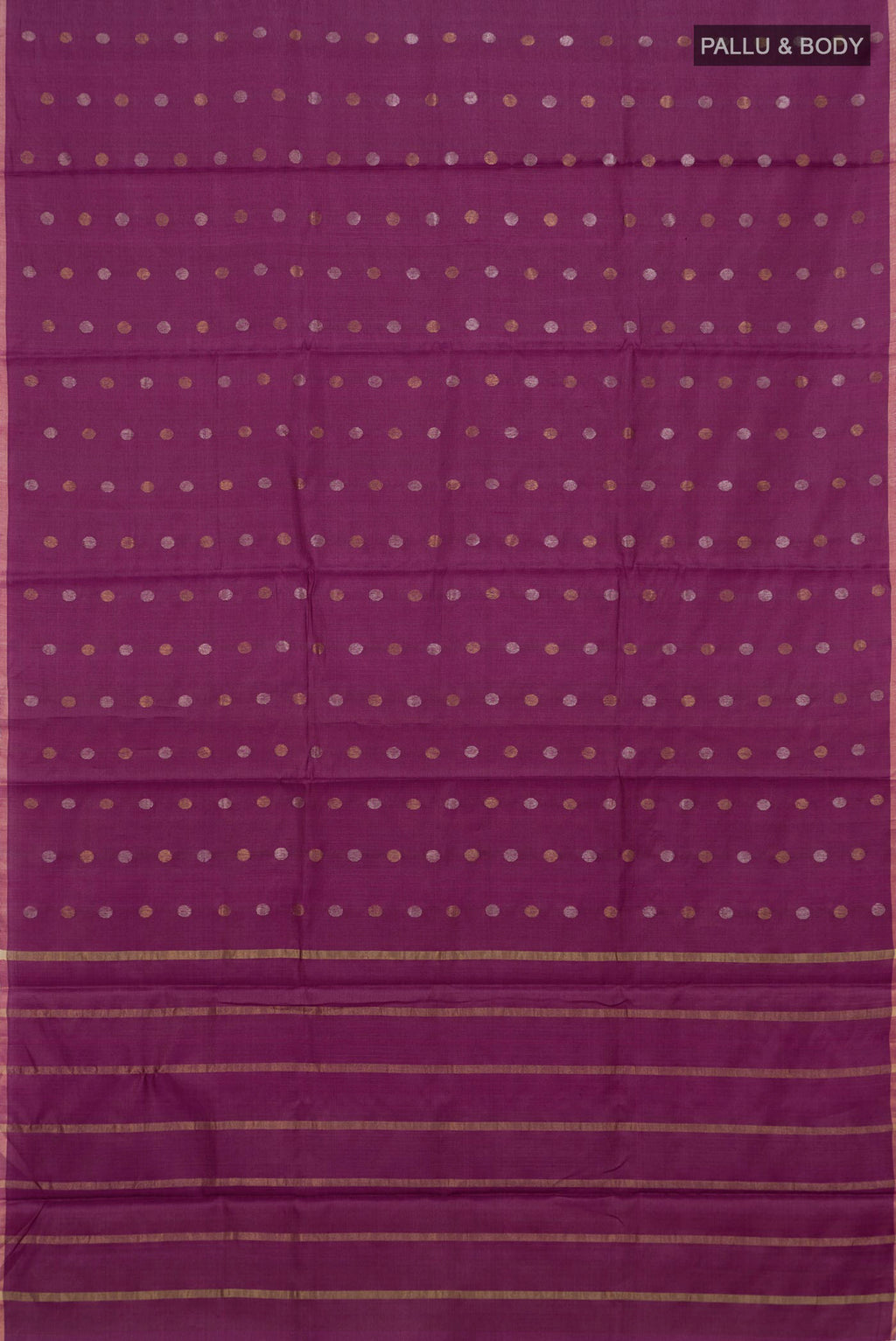 Flat view of Purple Tussar Silk Saree with Zari Butta on the body and Thin Zari Line. 