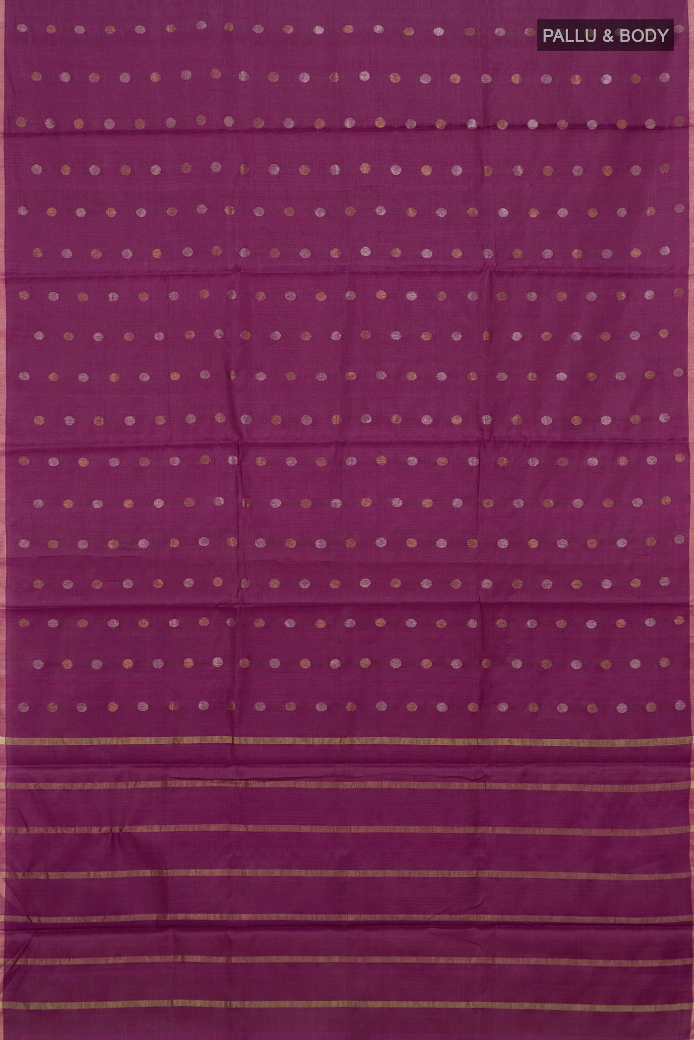 Flat view of Purple Tussar Silk Saree with Zari Butta on the body and Thin Zari Line. 