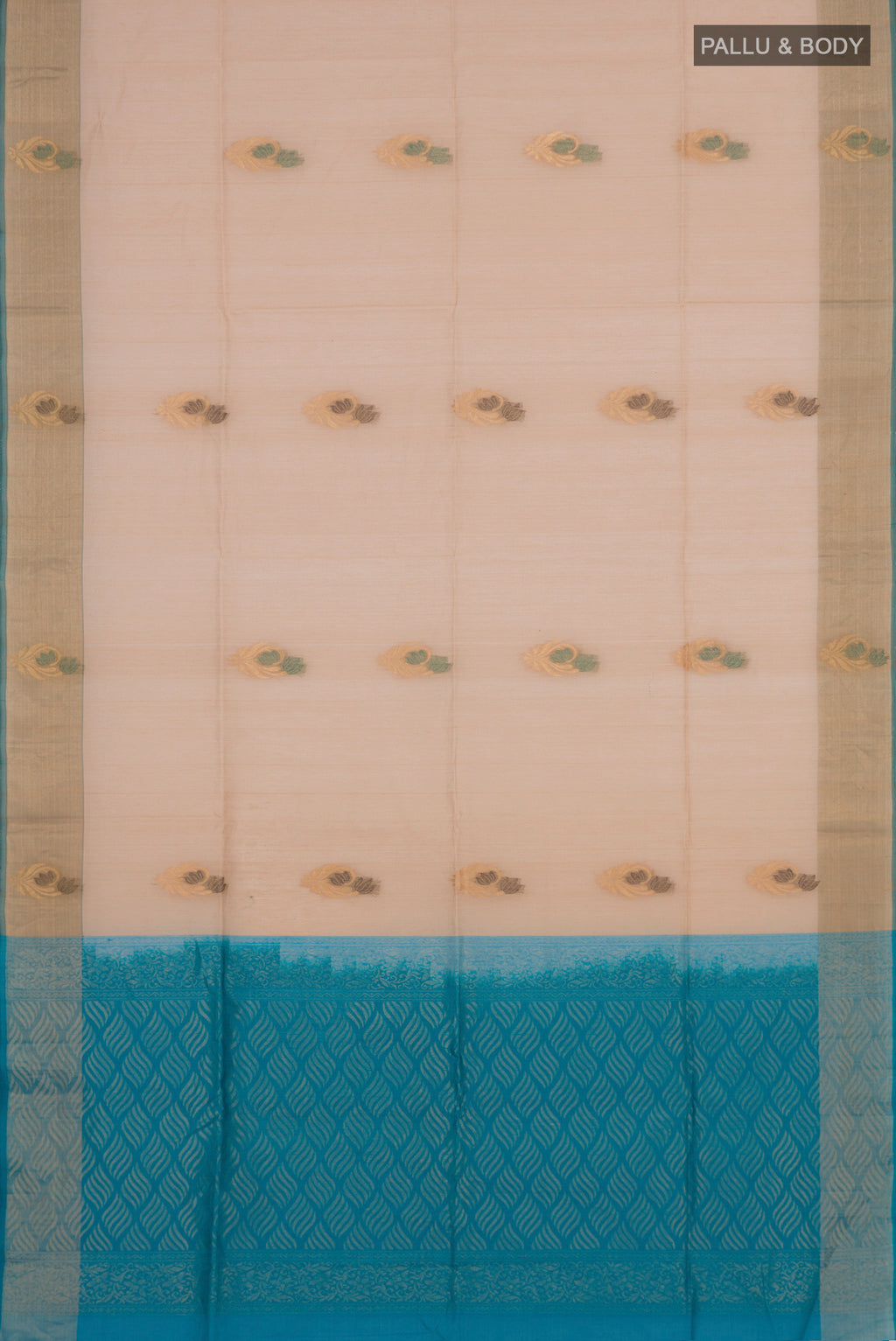 Flat view of Cream Silk Cotton Saree with Zari And Thread Butta on the body and Zari Border. 