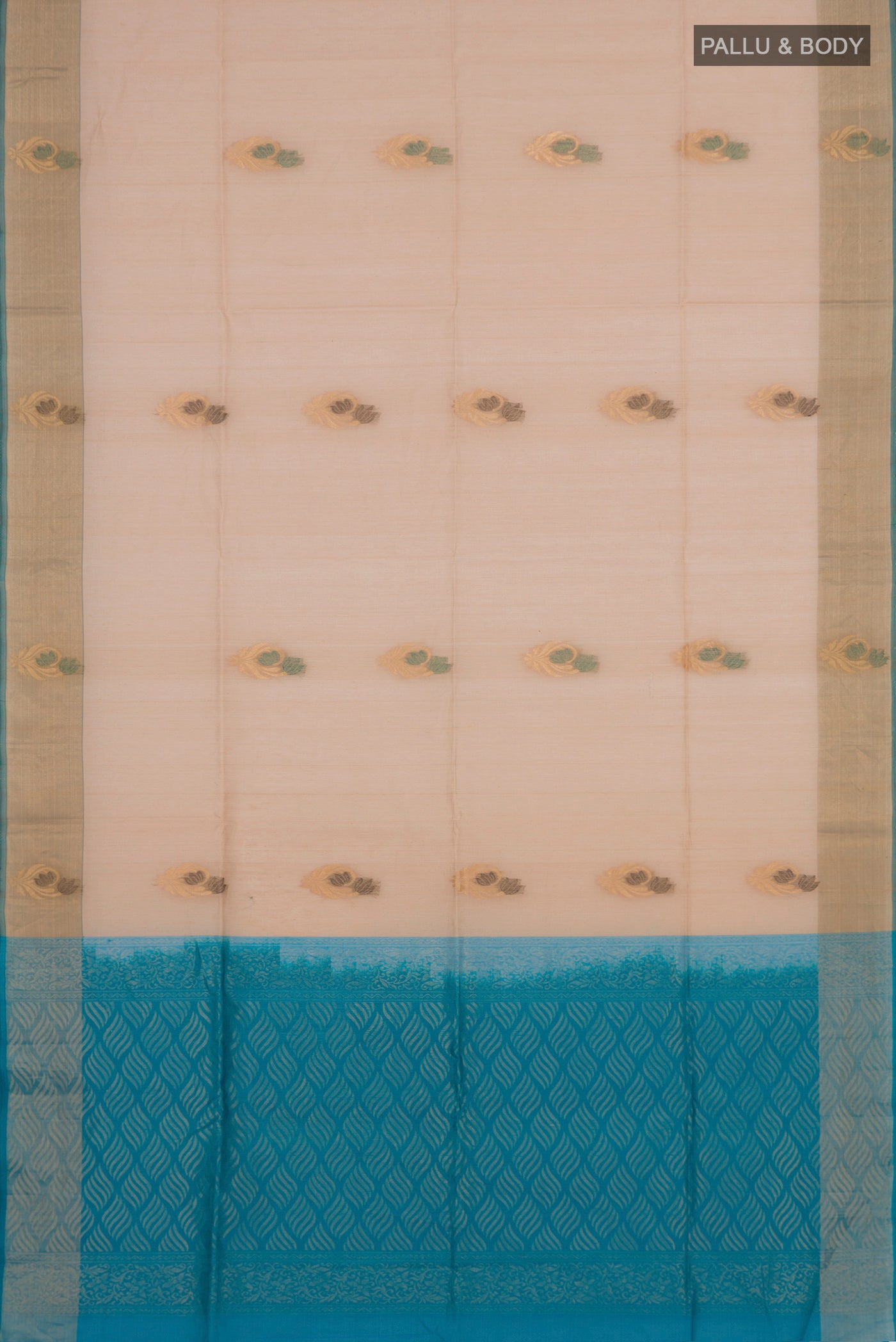 Flat view of Cream Silk Cotton Saree with Zari And Thread Butta on the body and Zari Border. 