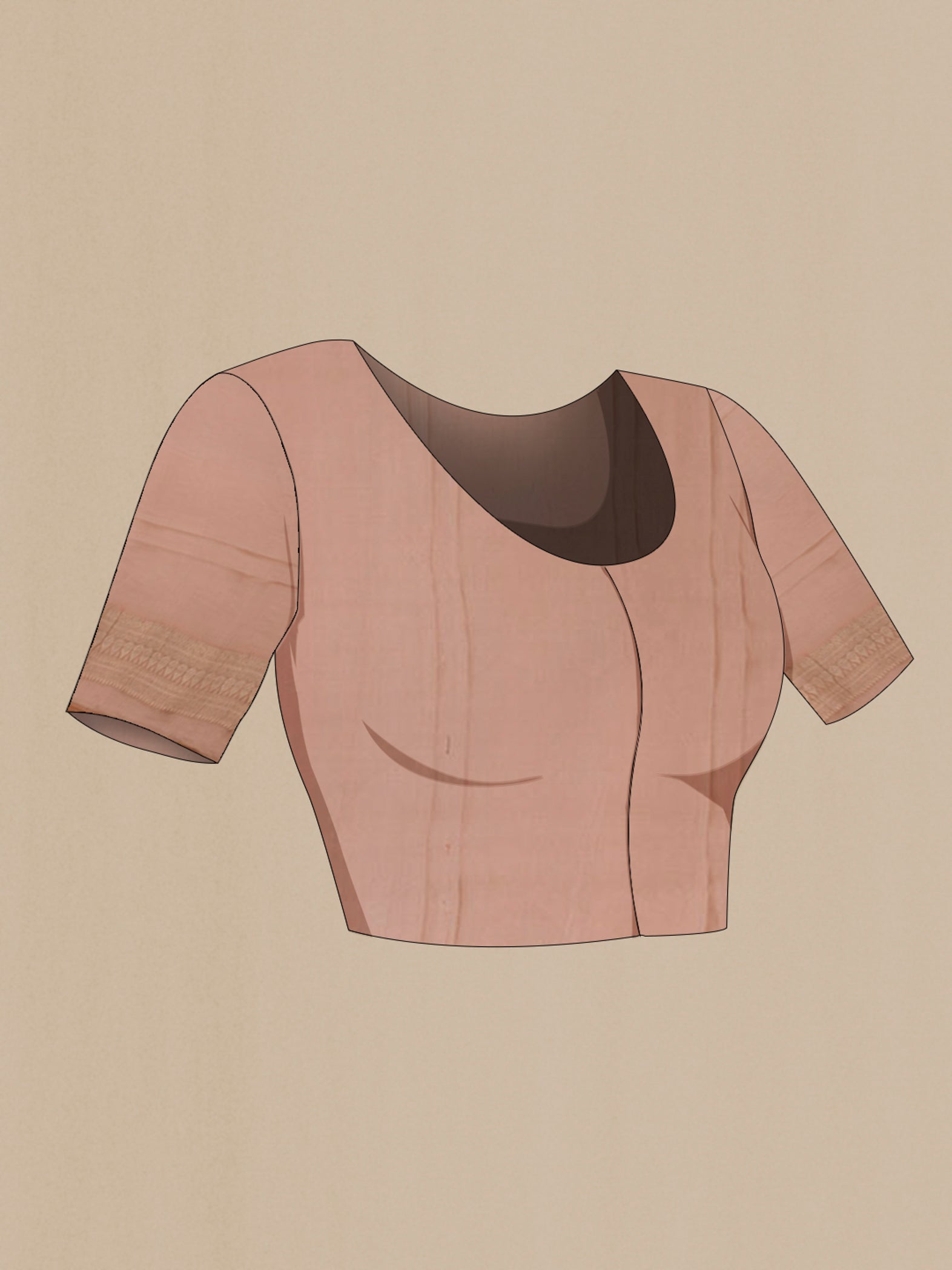 Close up image of the blouse of Rose Gold Crepe Saree with Zari Brocade on the body and Zari Border. 