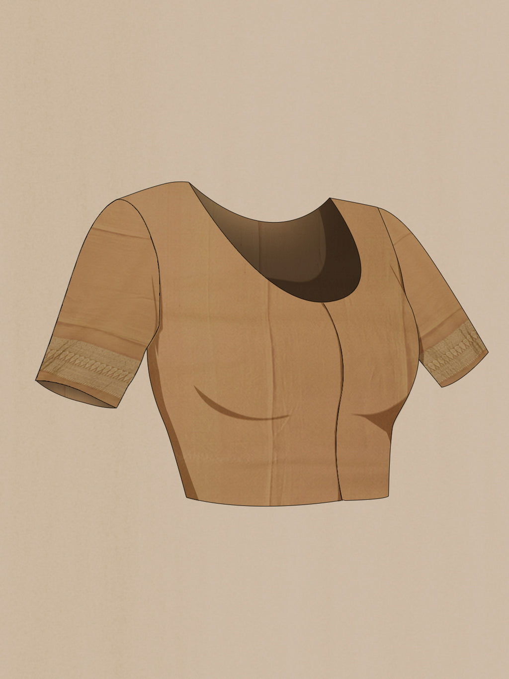 Close up image of the blouse of Beige Mysore Crepe Saree with Zari Brocade on the body and Zari Border. 