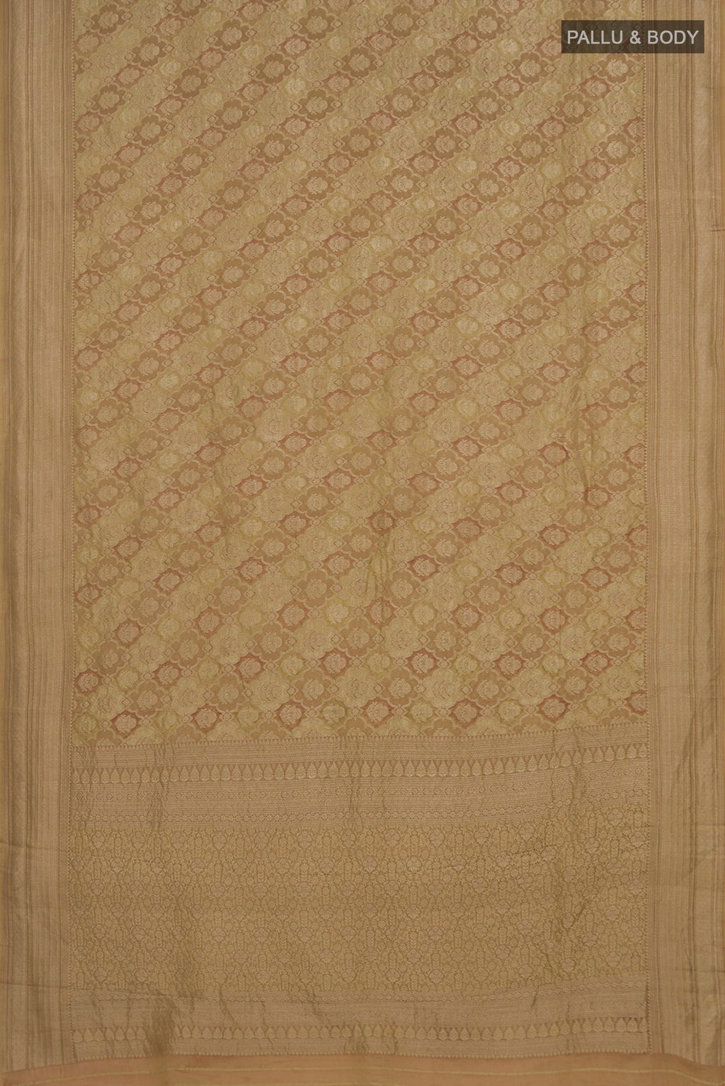 Flat view of Beige Mysore Crepe Saree with Zari Brocade on the body and Zari Border. 