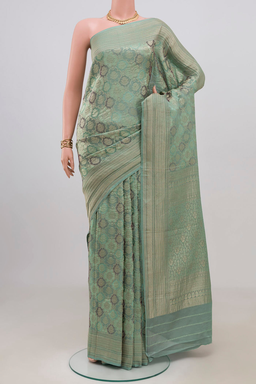 Blue Grey Mysore Crepe Saree with Zari Brocade on the body and Zari Border.  displayed on a mannequin
