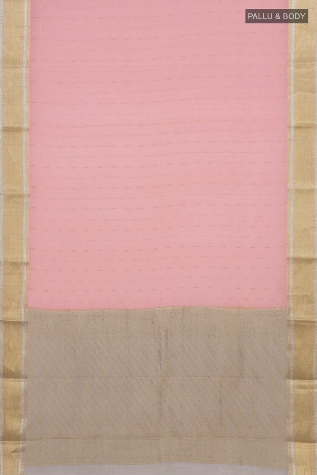 Flat view of Pink Crepe Saree with Fancy on the body and Zari Border. 