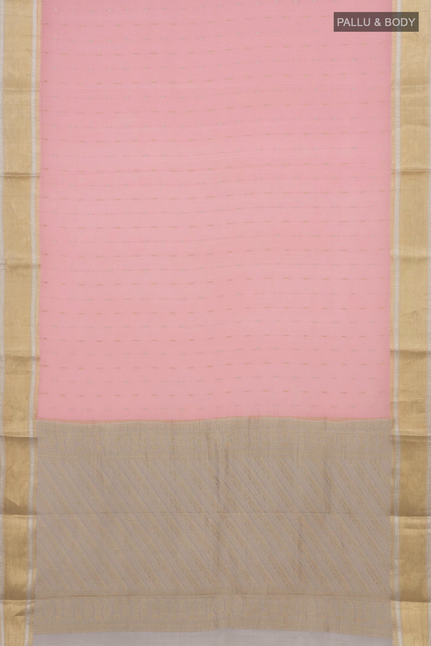 Flat view of Pink Crepe Saree with Fancy on the body and Zari Border. 