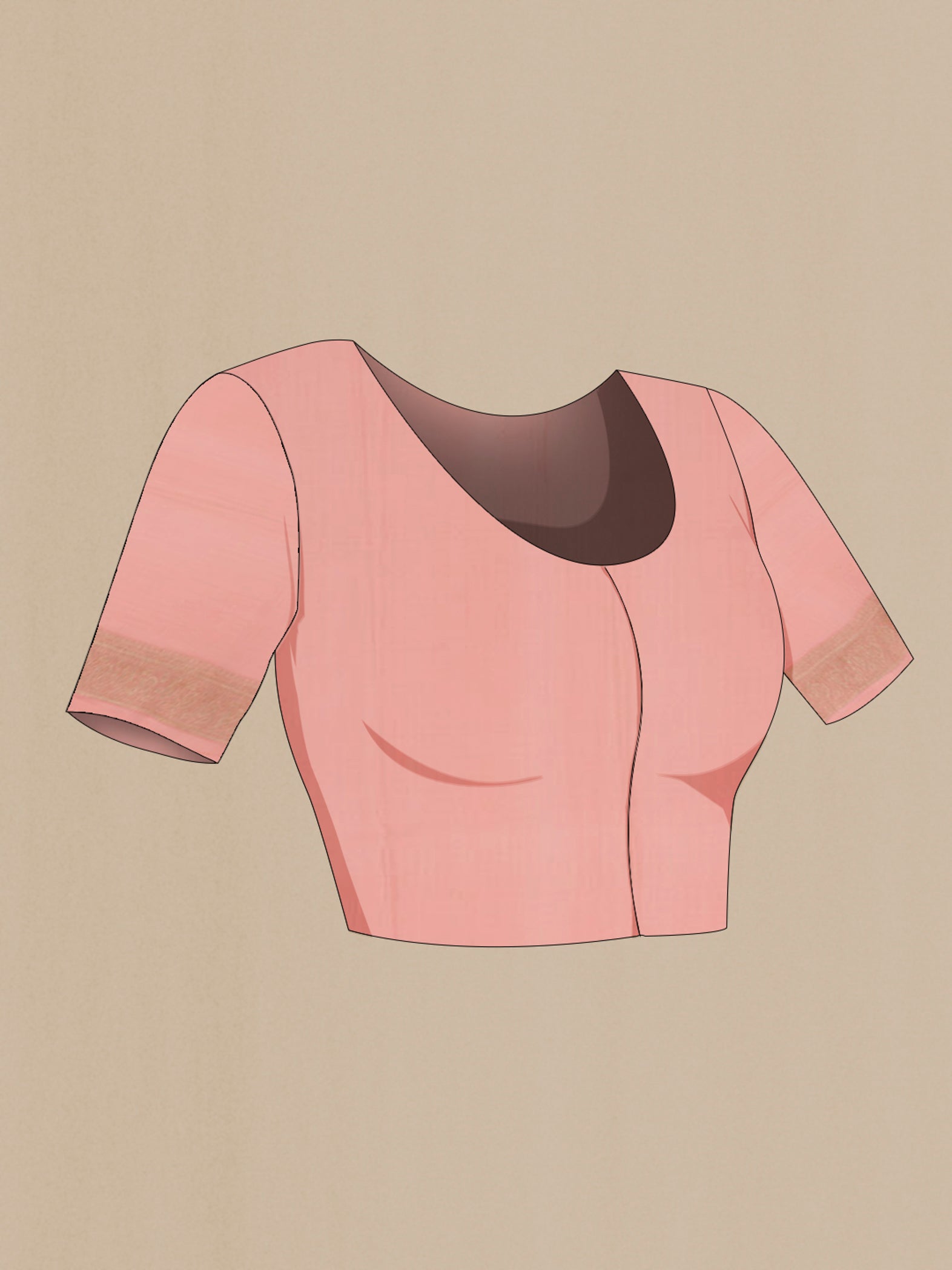 Close up image of the blouse of Peach Mysore Crepe Saree with Stripes on the body and Without Border. 