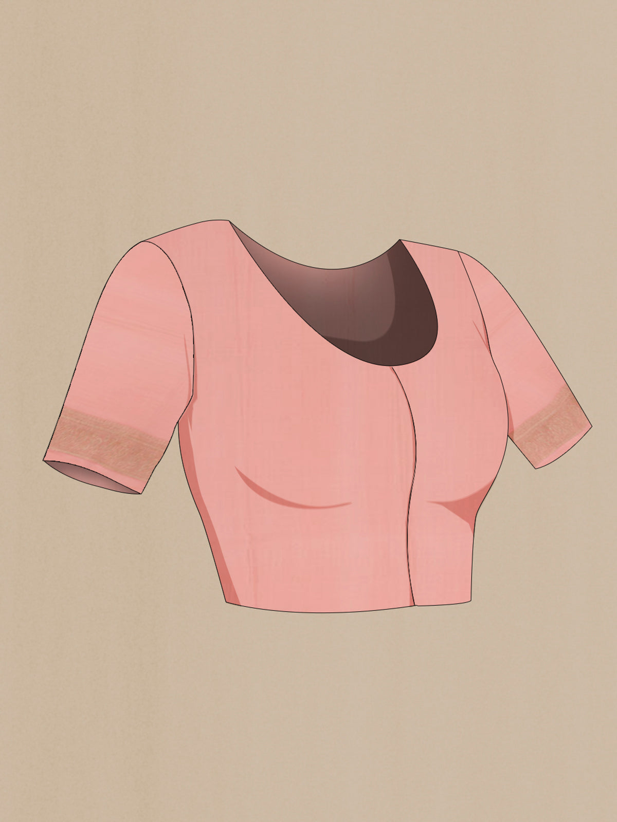 Close up image of the blouse of Peach Mysore Crepe Saree with Stripes on the body and Without Border. 