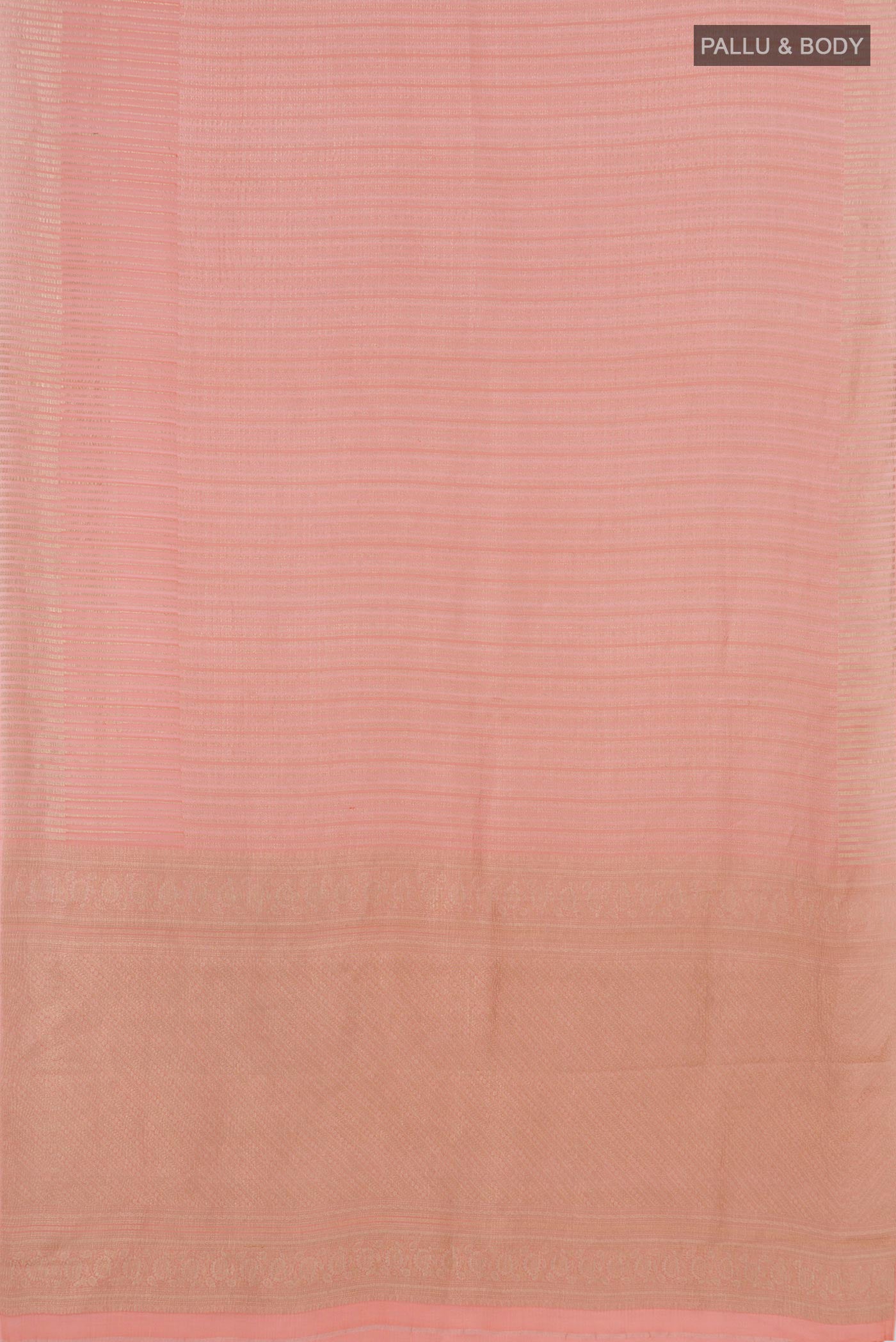 Flat view of Peach Mysore Crepe Saree with Stripes on the body and Without Border. 