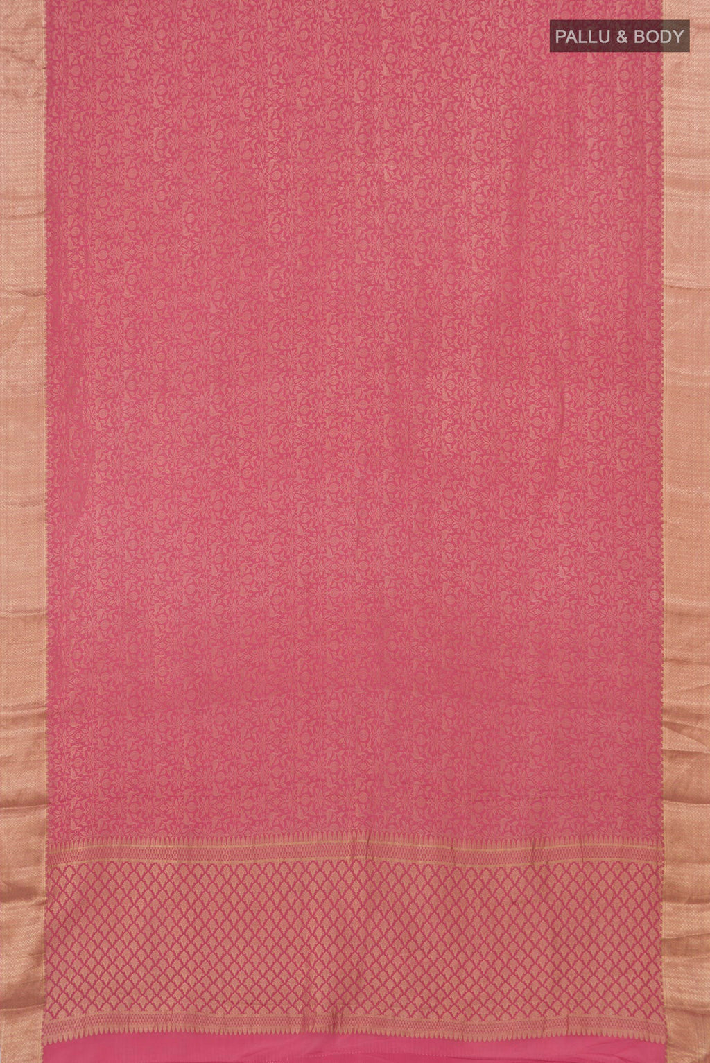 Flat view of Pink Mysore Crepe Saree with Zari Brocade on the body and Zari Border. 