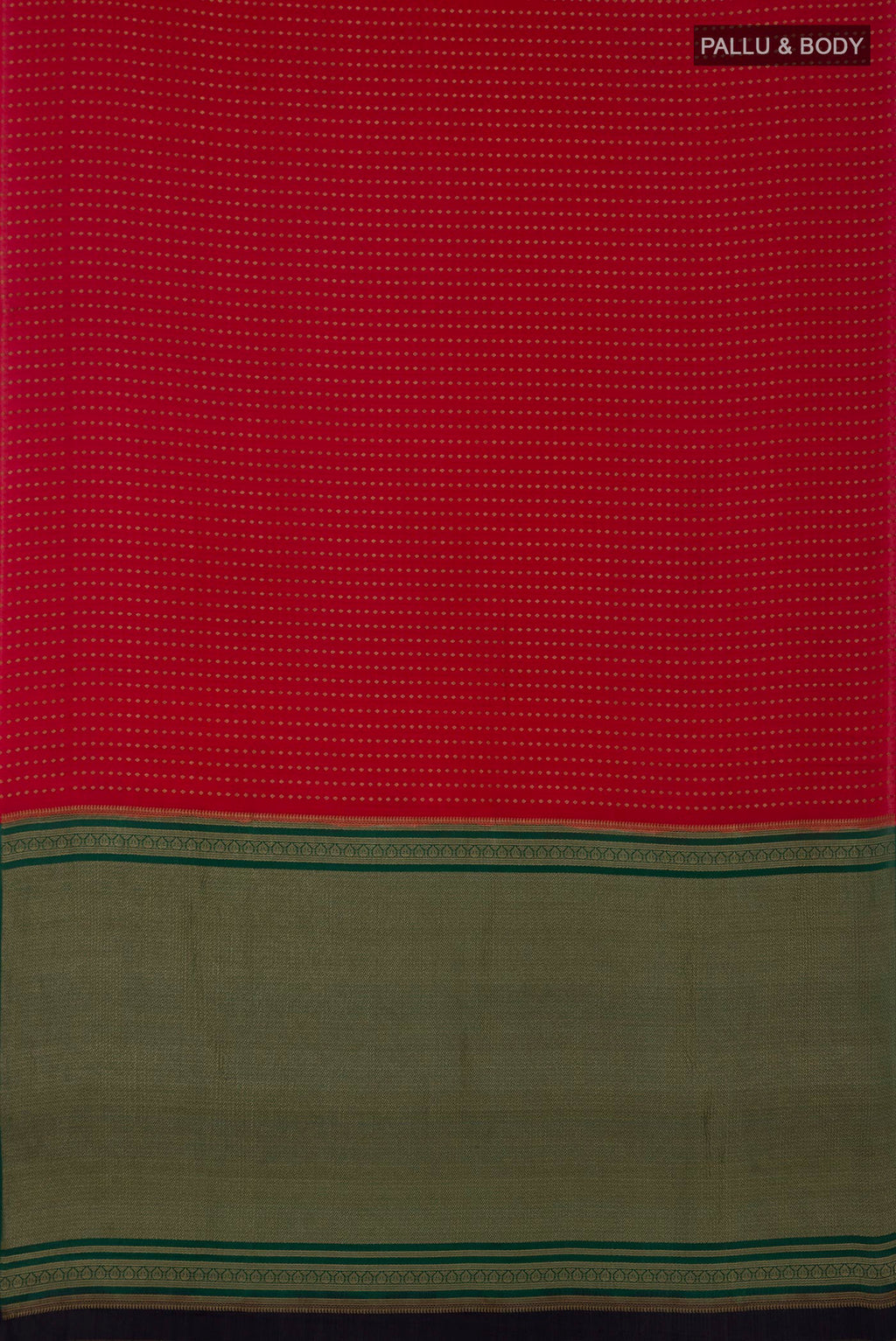 Flat view of Red Mysore Crepe Saree with Zari Butta on the body and Without Border. 