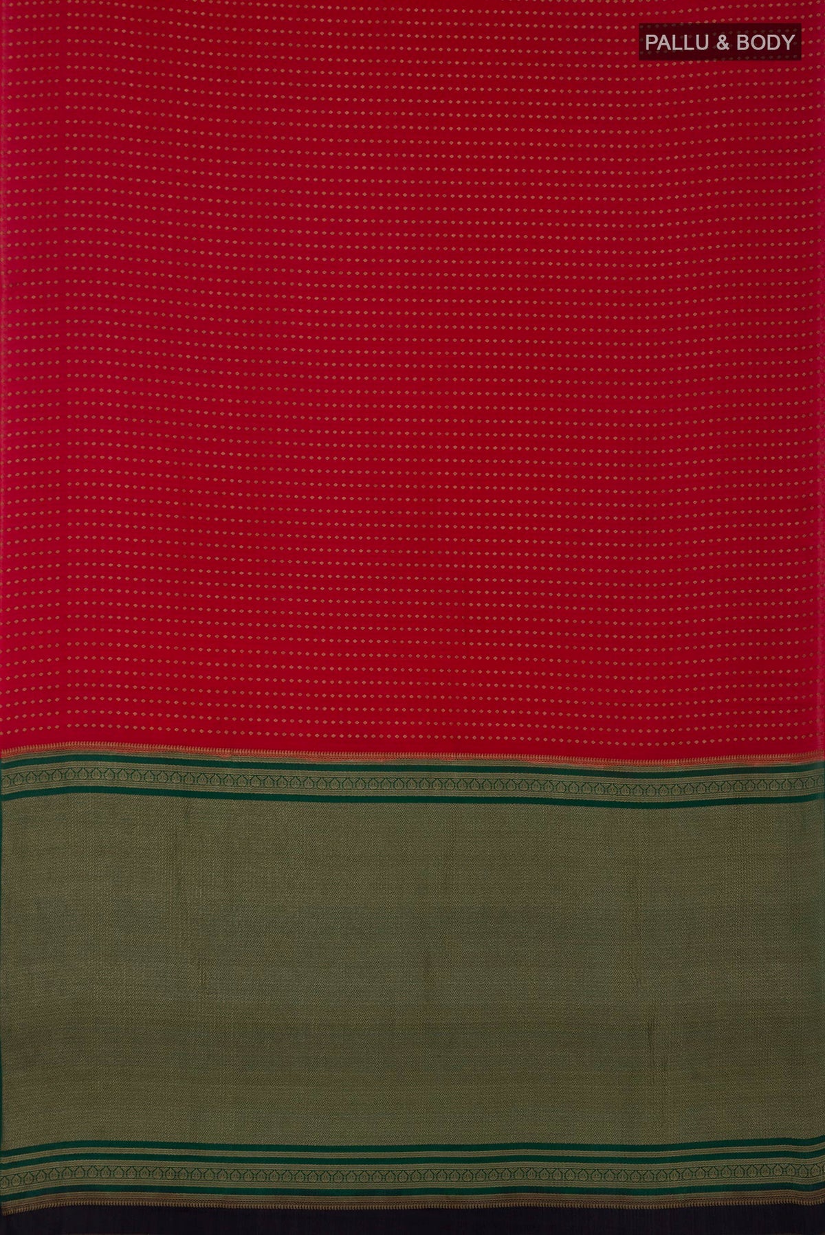 Flat view of Red Mysore Crepe Saree with Zari Butta on the body and Without Border. 