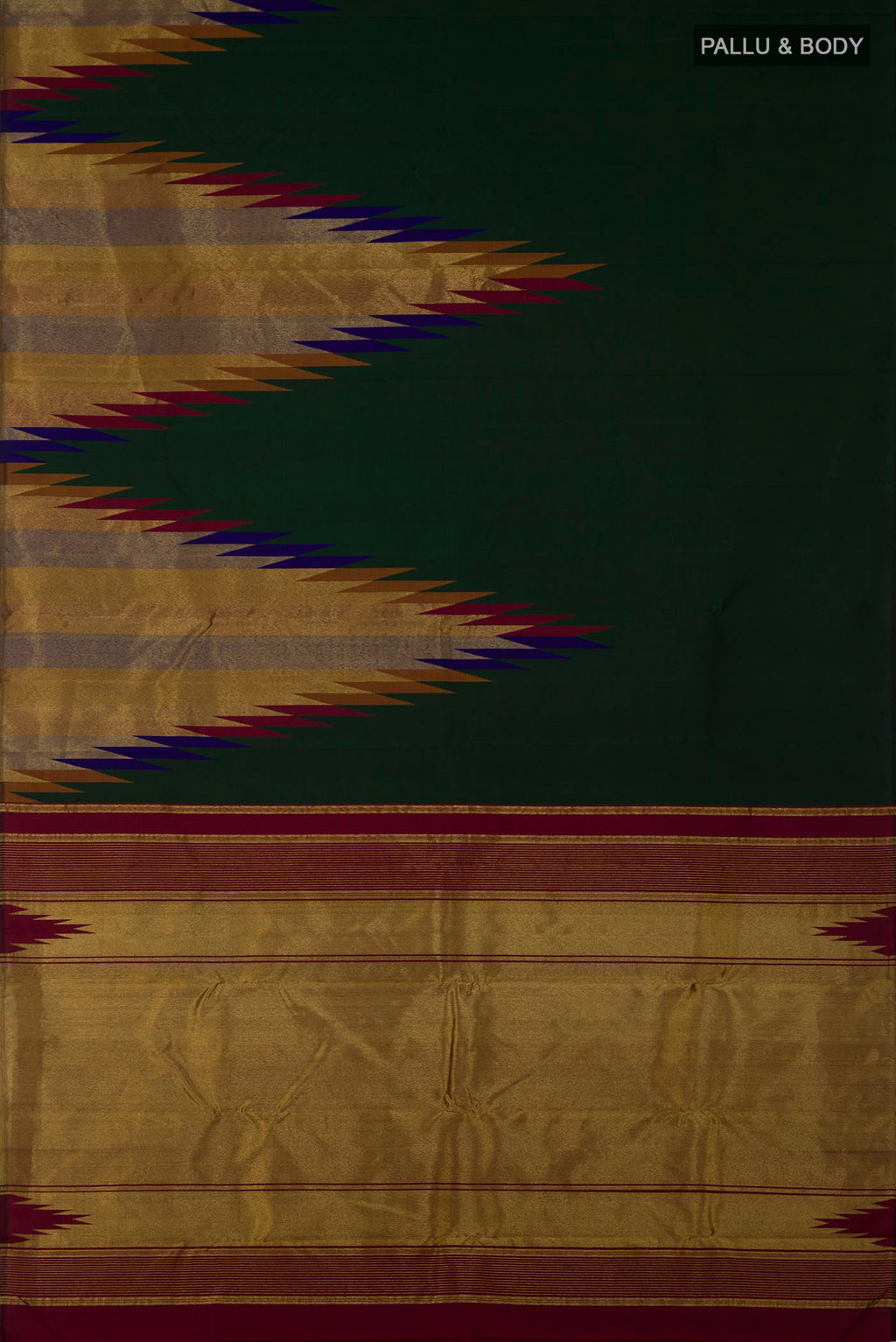 Flat view of Bottle Green Kanchipuram Silk Saree with Plain Body and Temple Border. 