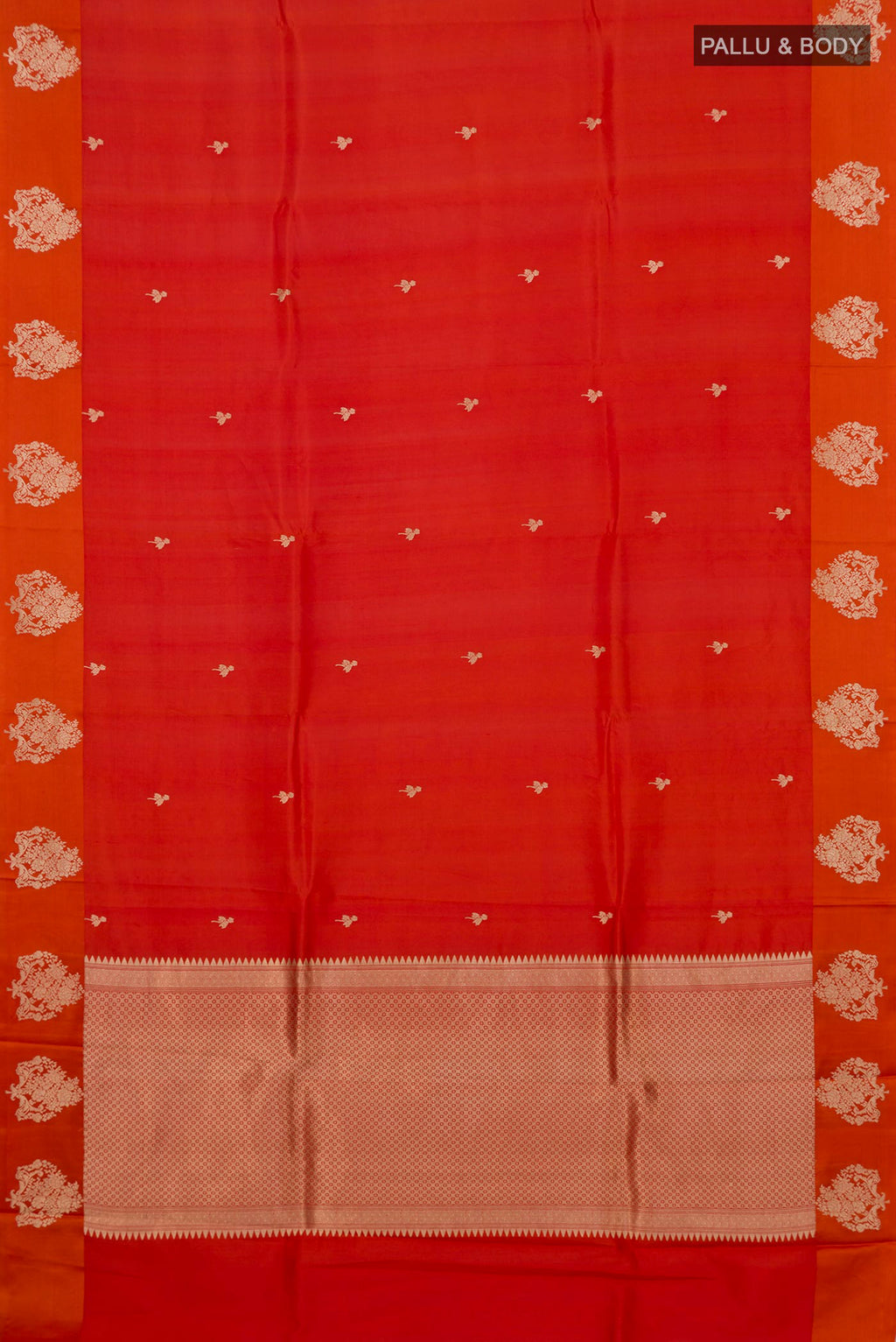 Flat view of Orange Banarasi Katan Silk Saree with Zari Butta on the body and Zari Border. 