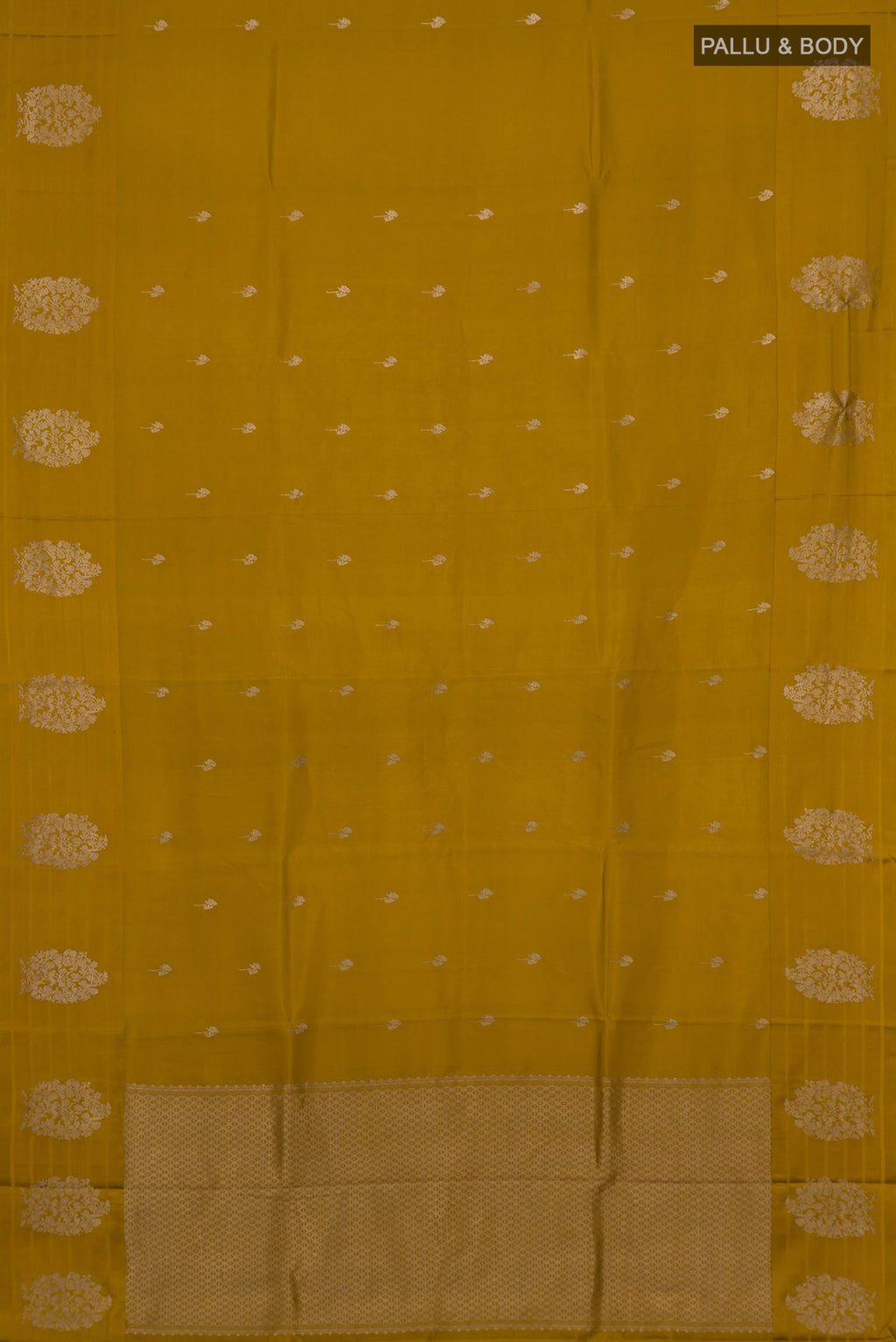 Flat view of Pure Silk Mustard Banarasi Katan Saree with Zari Butta on the body and Fancy Border. 