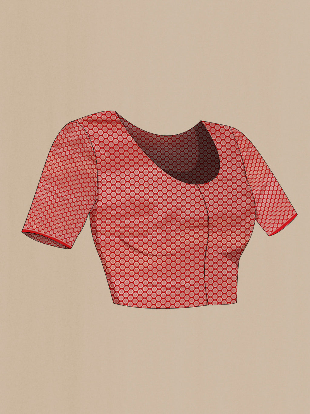 Close up image of the blouse of Red Banarasi Katan Silk Saree with Plain Body and Fancy Border. 