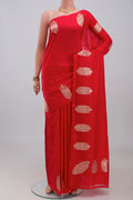 Red Banarasi Katan Silk Saree with Plain Body and Fancy Border.  displayed on a mannequin